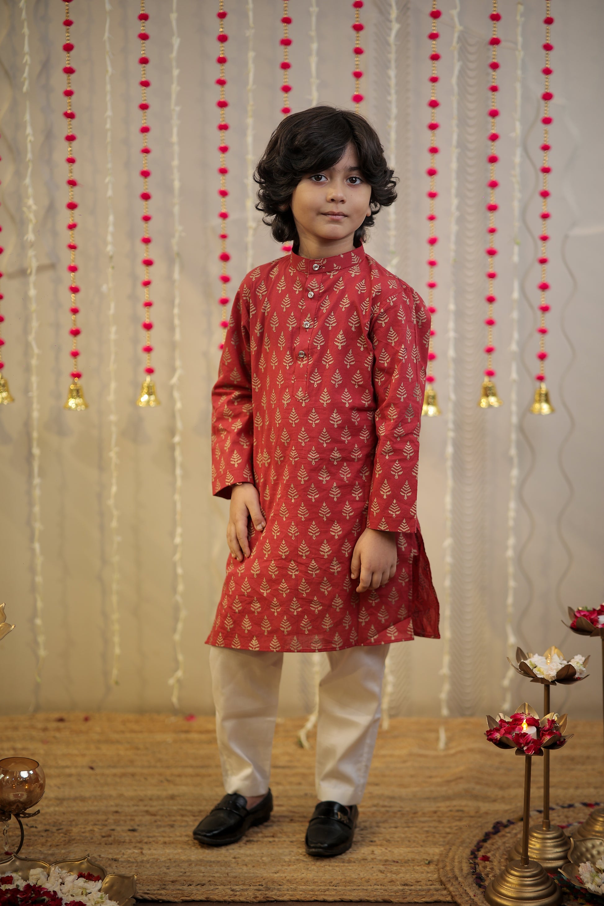 Maroon block printed kurta set.