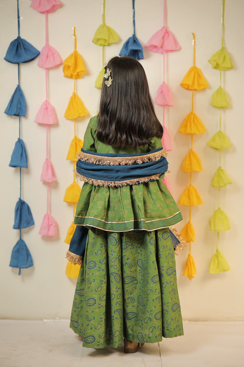 Green block Printed kurta with sharara and Dupatta set.