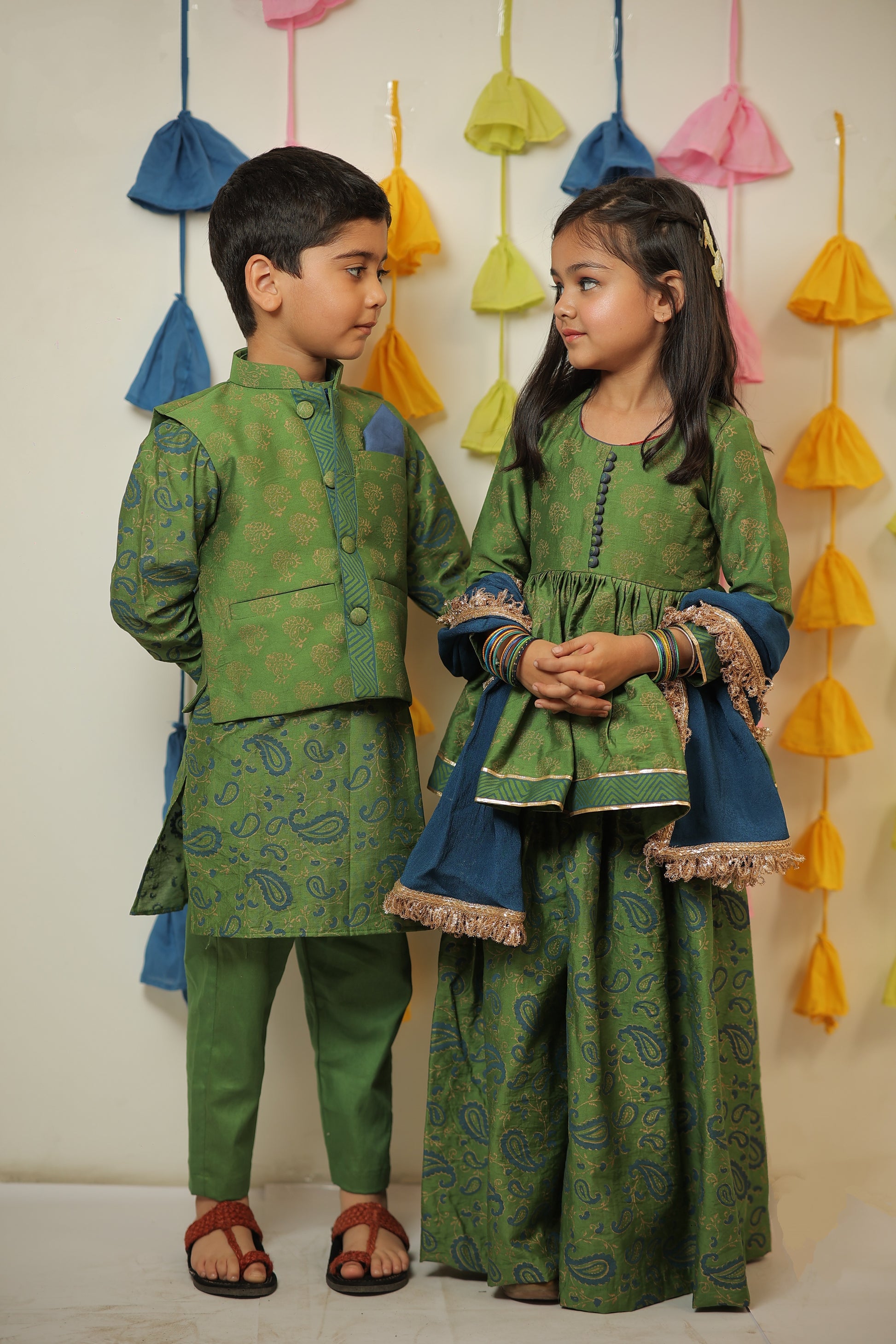 Green block printed kurta set with jacket