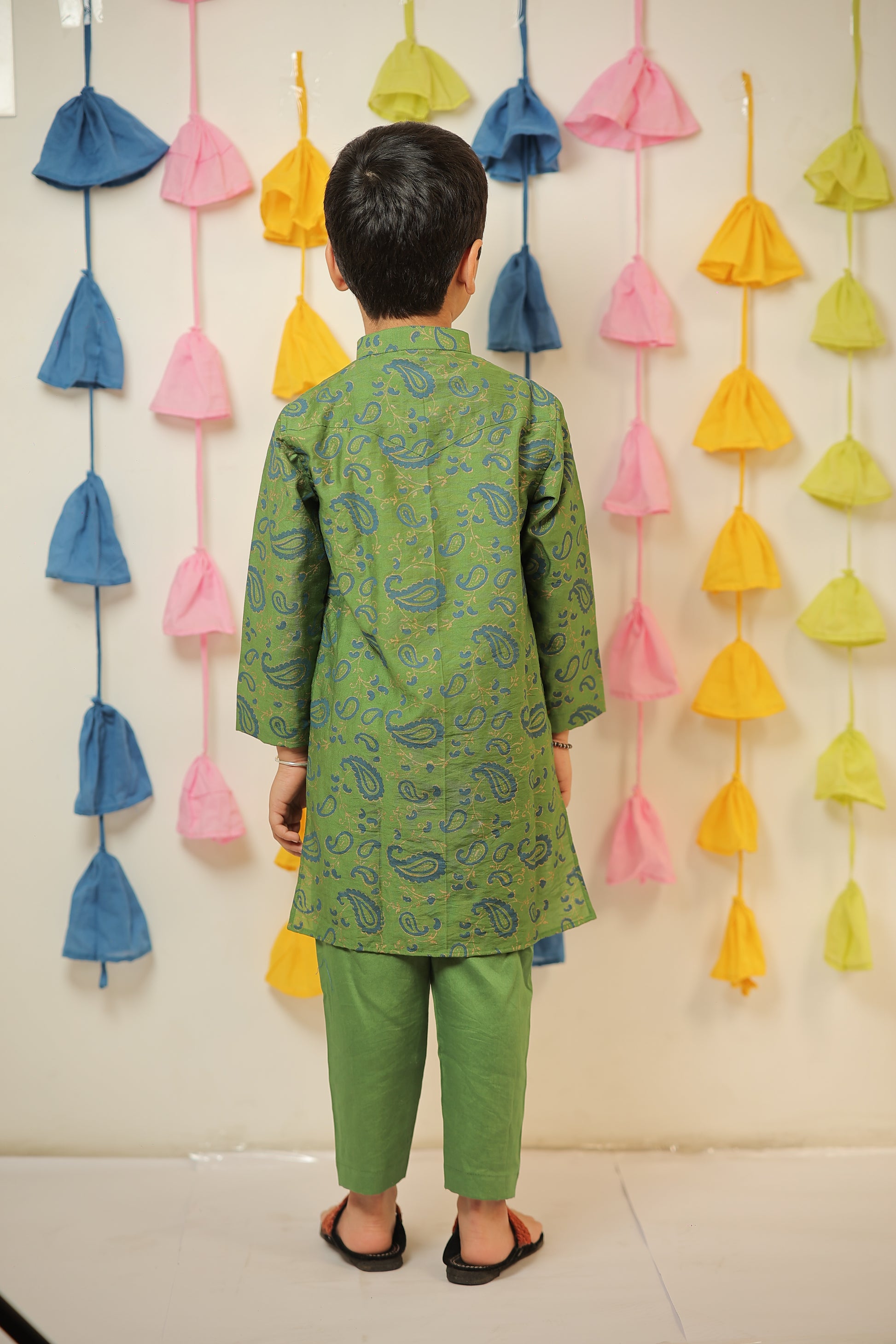 Green block printed kurta set.