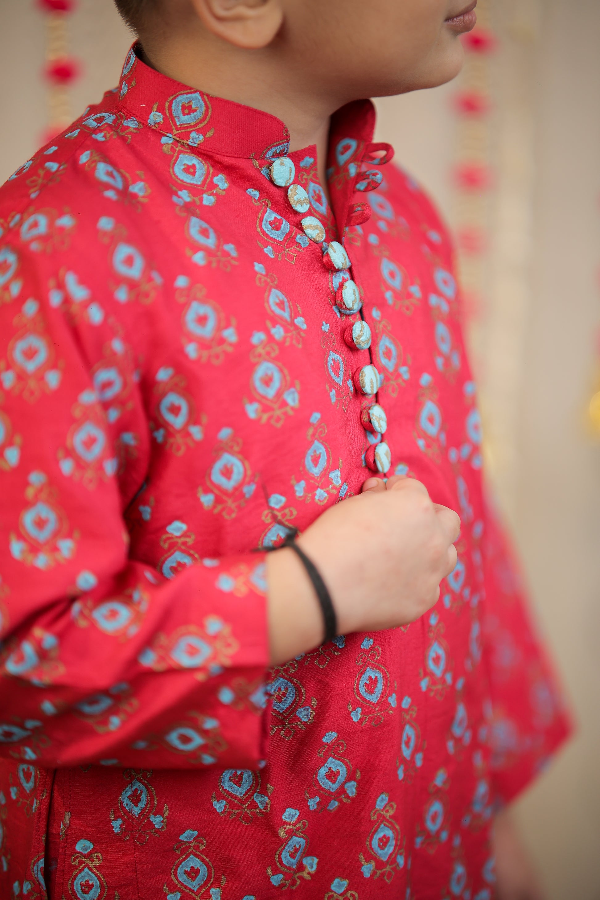Pink block printed kurta set.