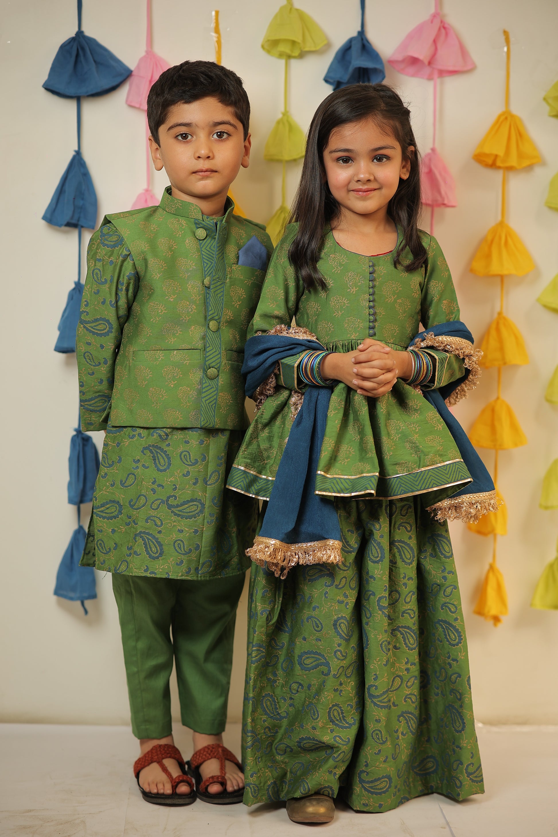 Green block Printed kurta with sharara and Dupatta set.