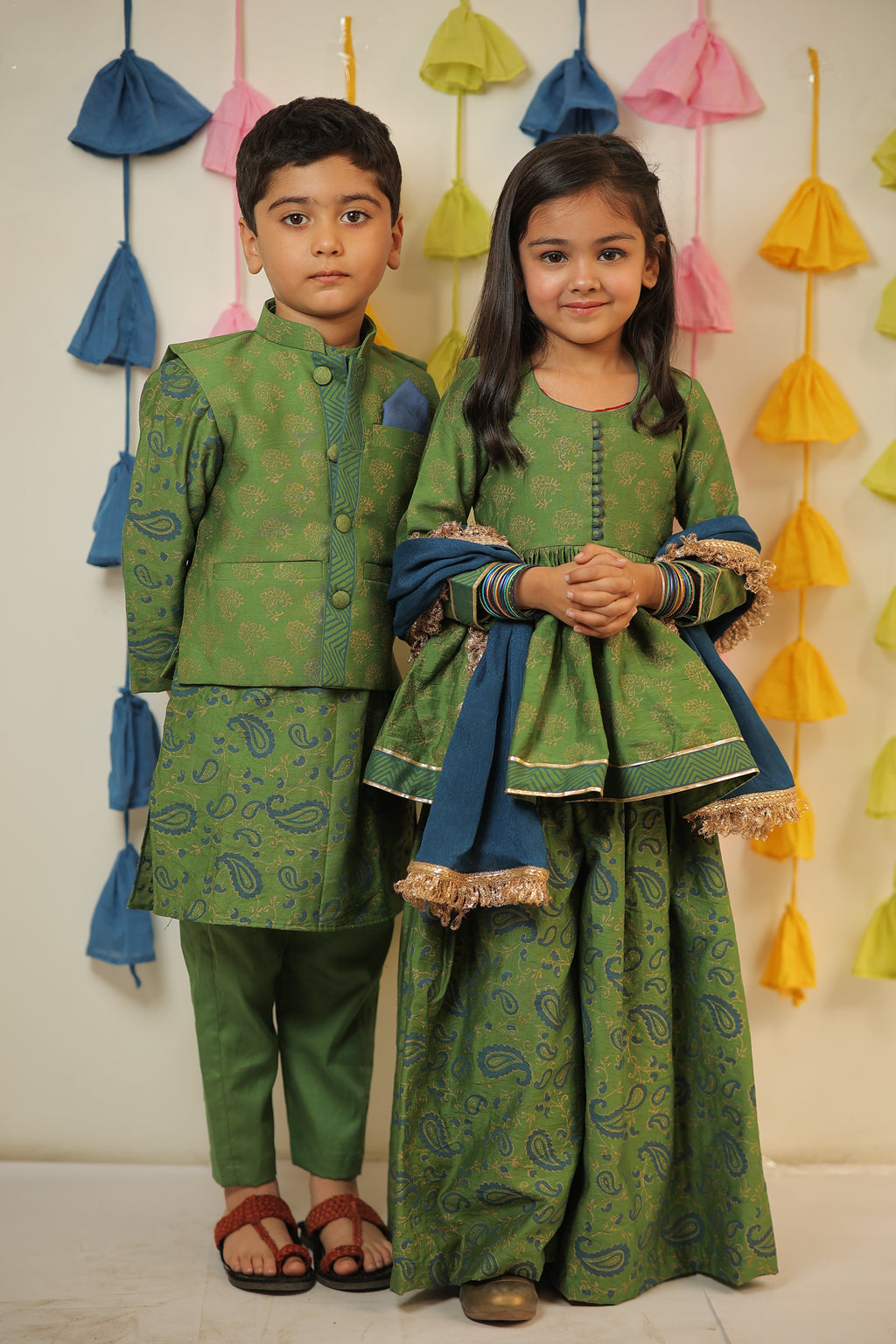 Green block Printed kurta with sharara and Dupatta set.