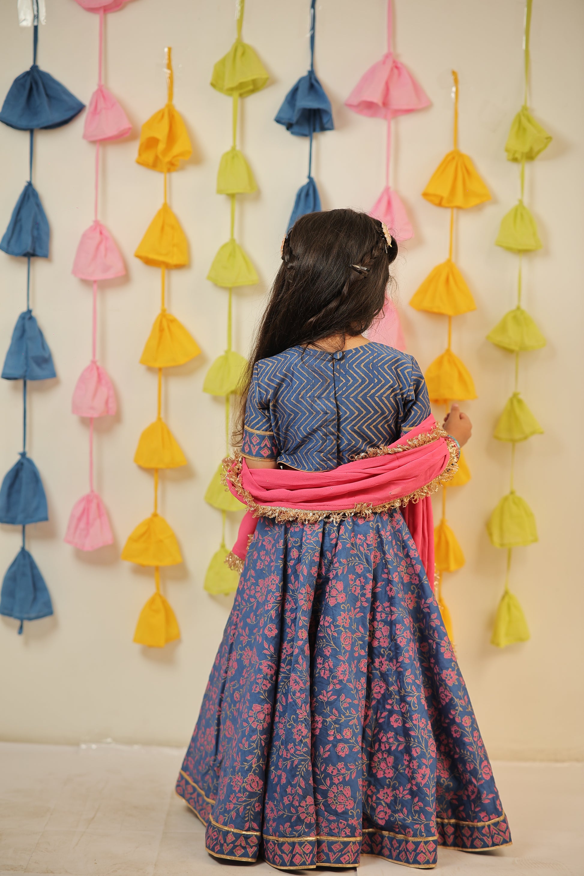 Blue block Printed lehenga set.