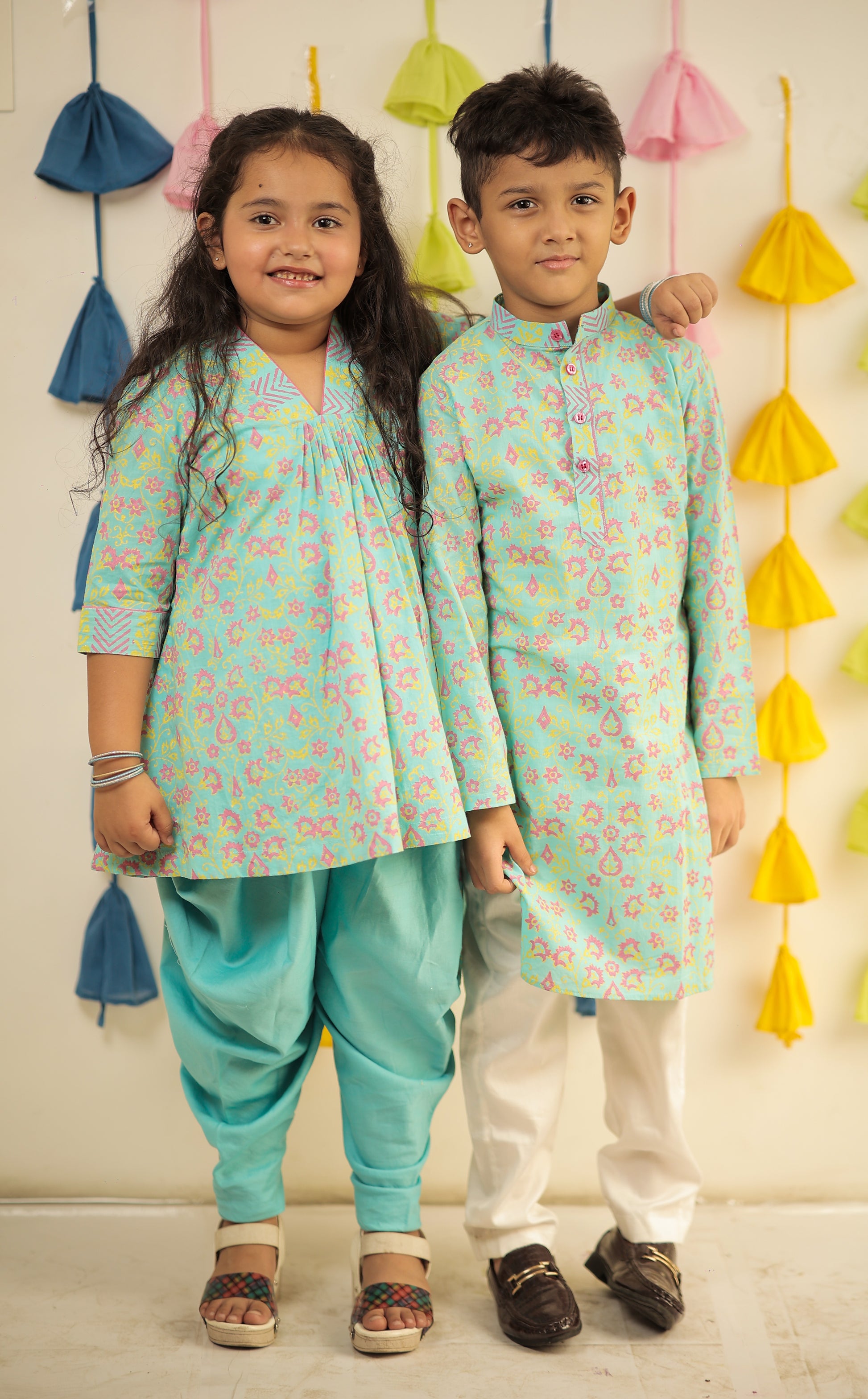 Blue block printed kurta set with dhoti pants.