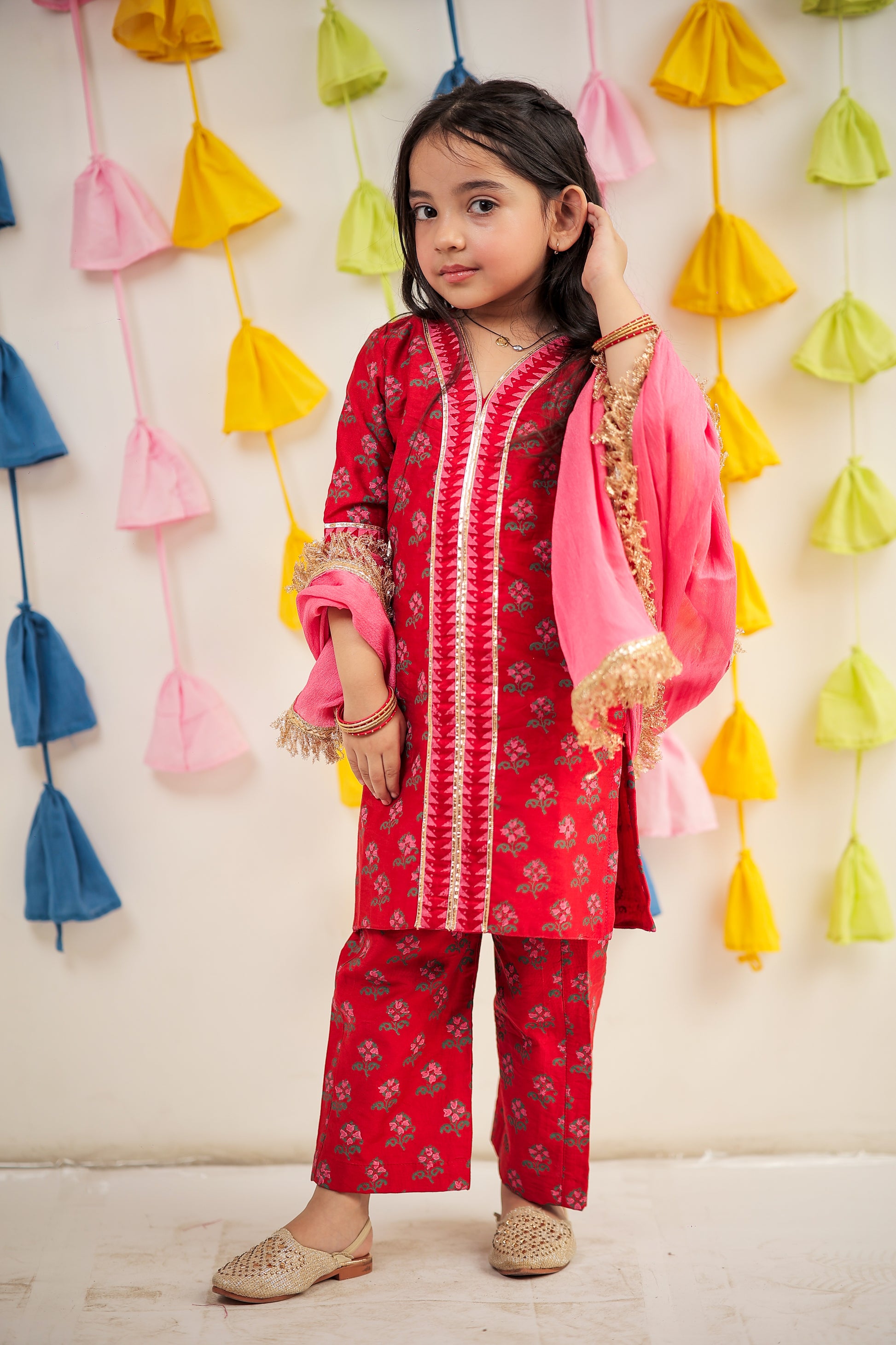 Red Block Printed kurta with pant and dupatta.