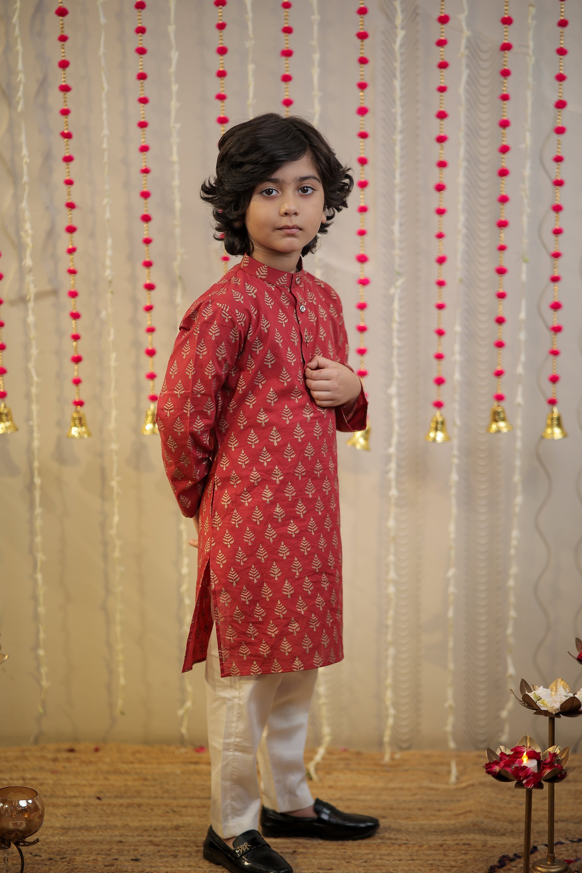 Maroon block printed kurta set.