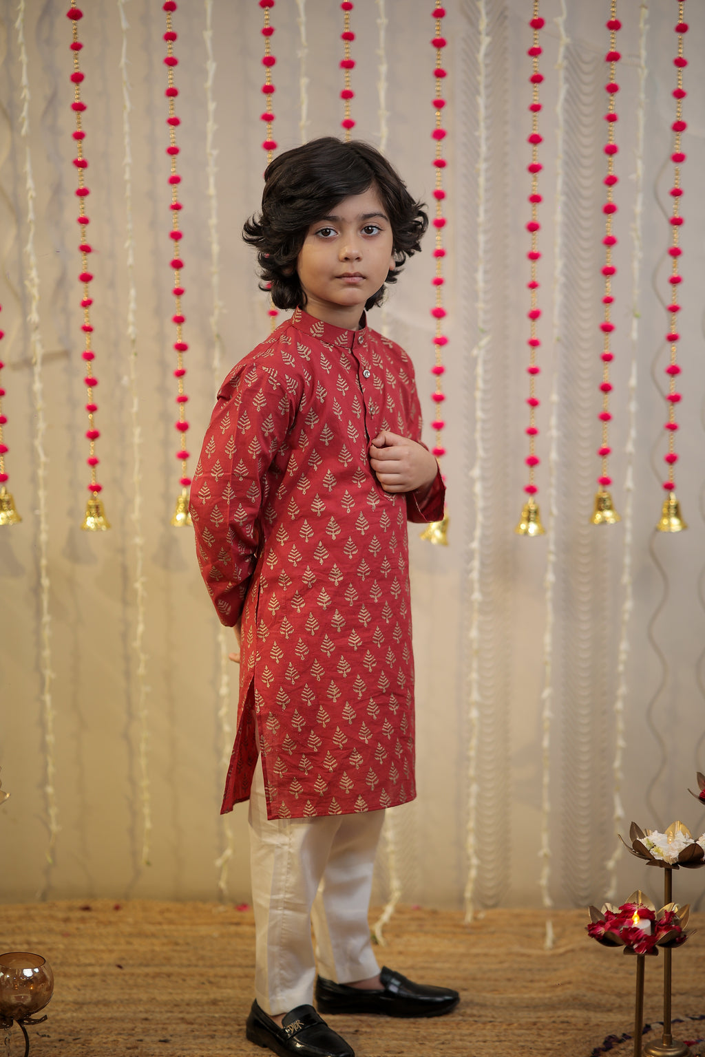 Maroon block printed kurta set.