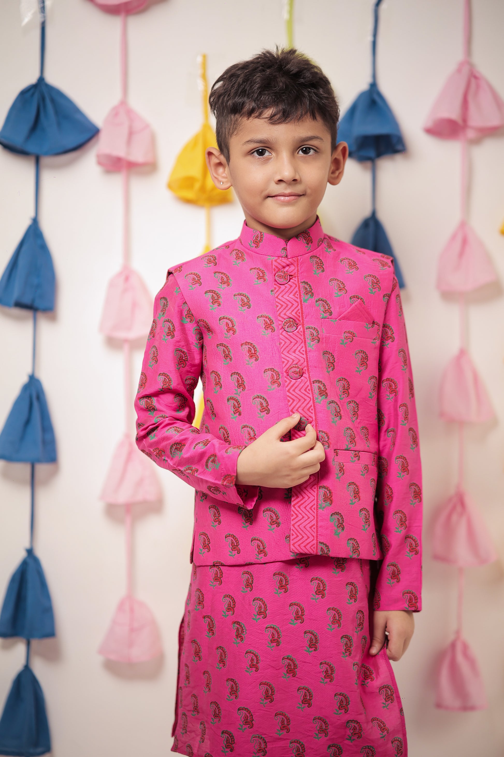 Pink block printed kurta set with jacket