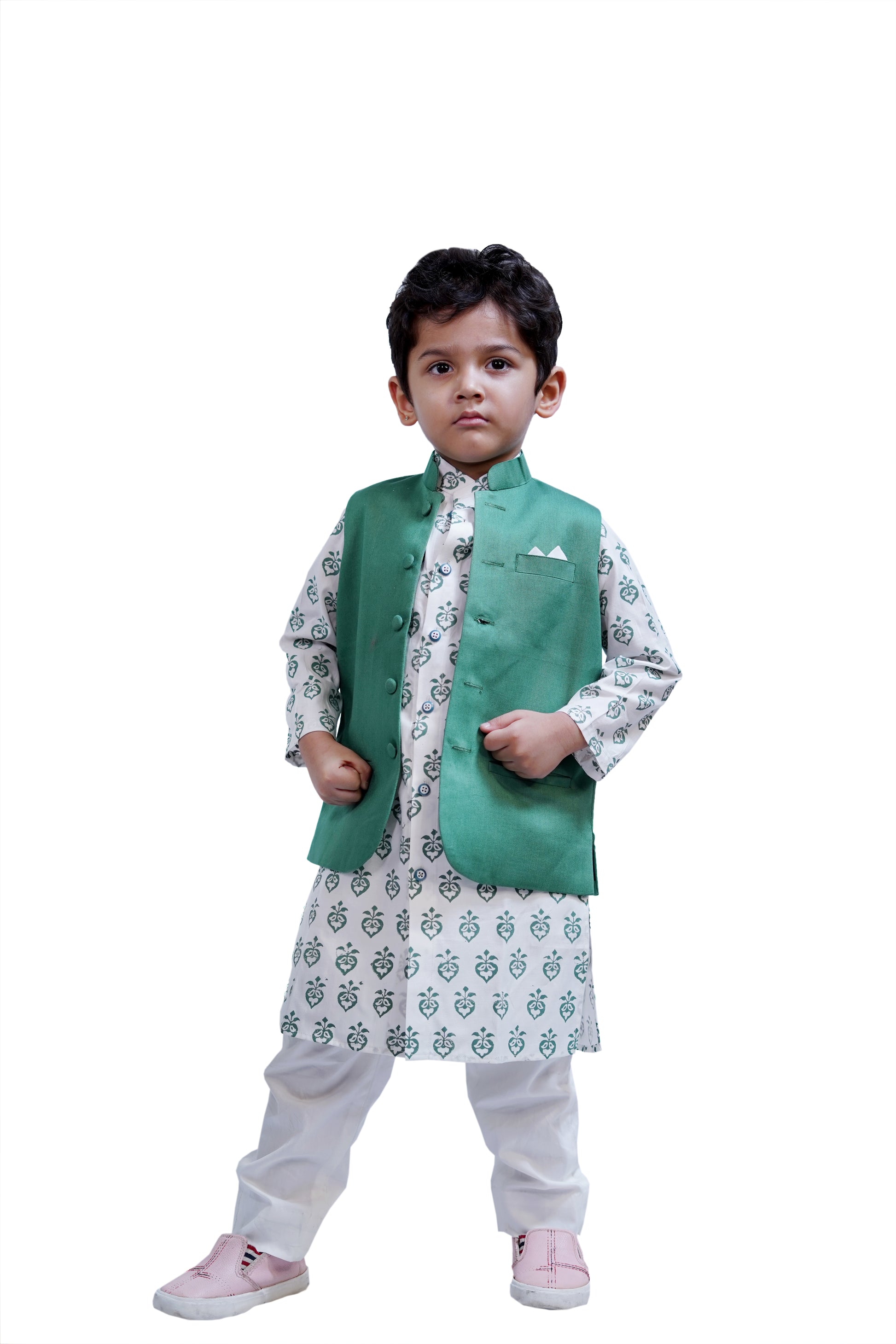 LEAF PRINTED KURTA PAJAMA WITH JACKET SET