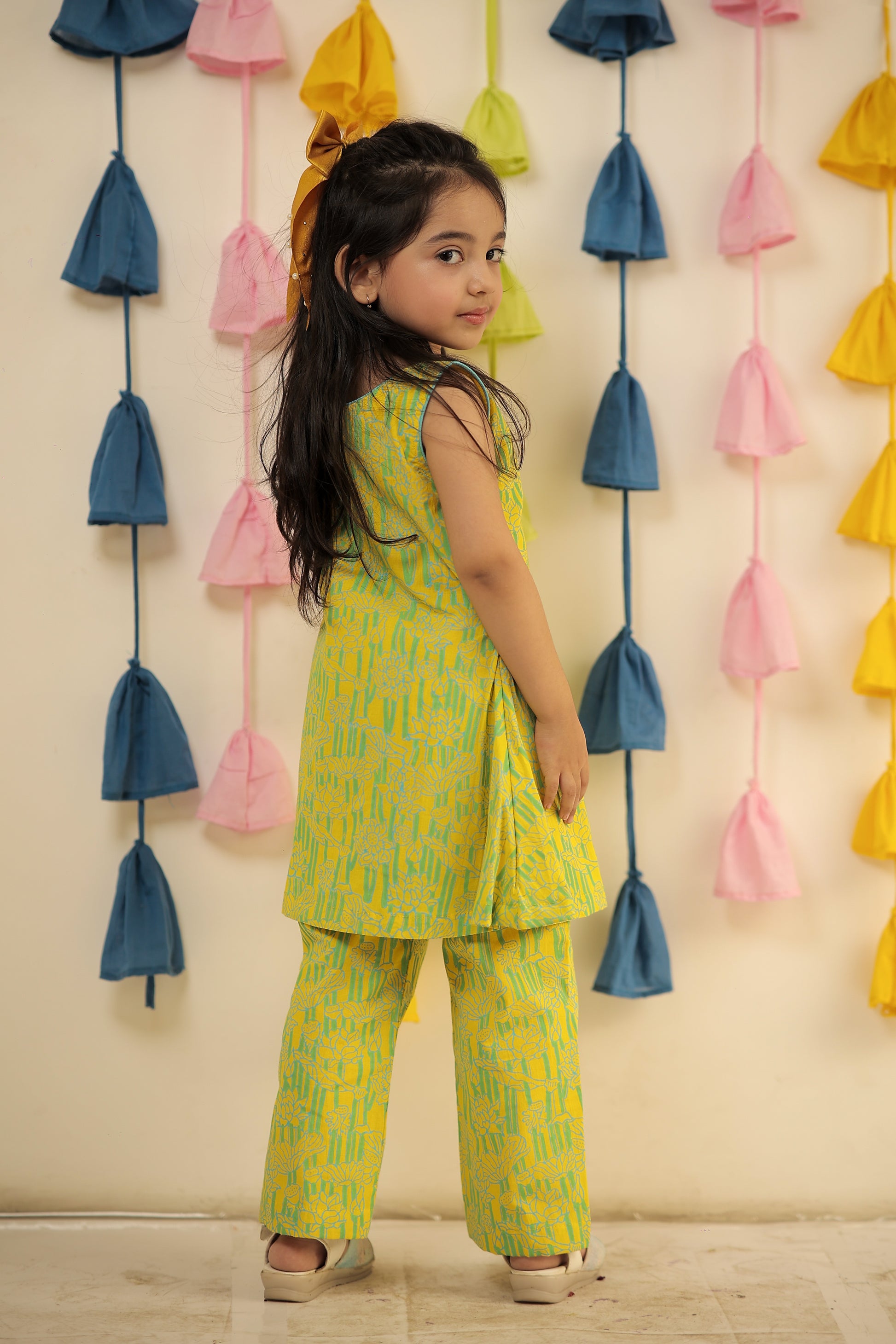 Lemon yellow Block printed kurta set with pants.