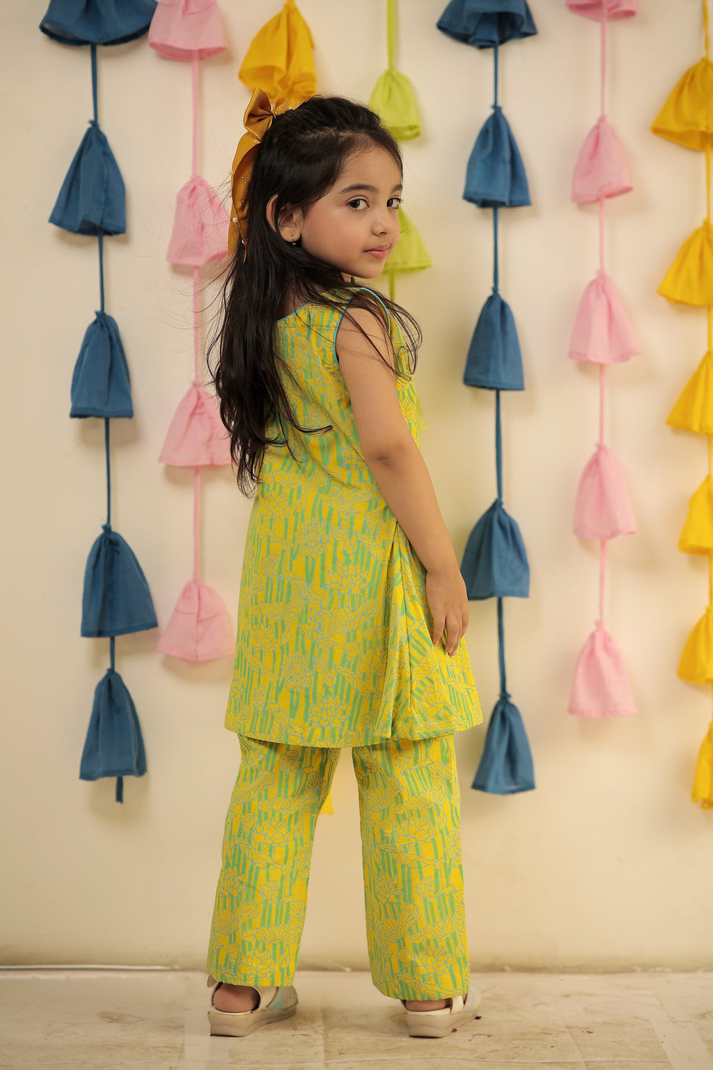 Lemon yellow Block printed kurta set with pants.
