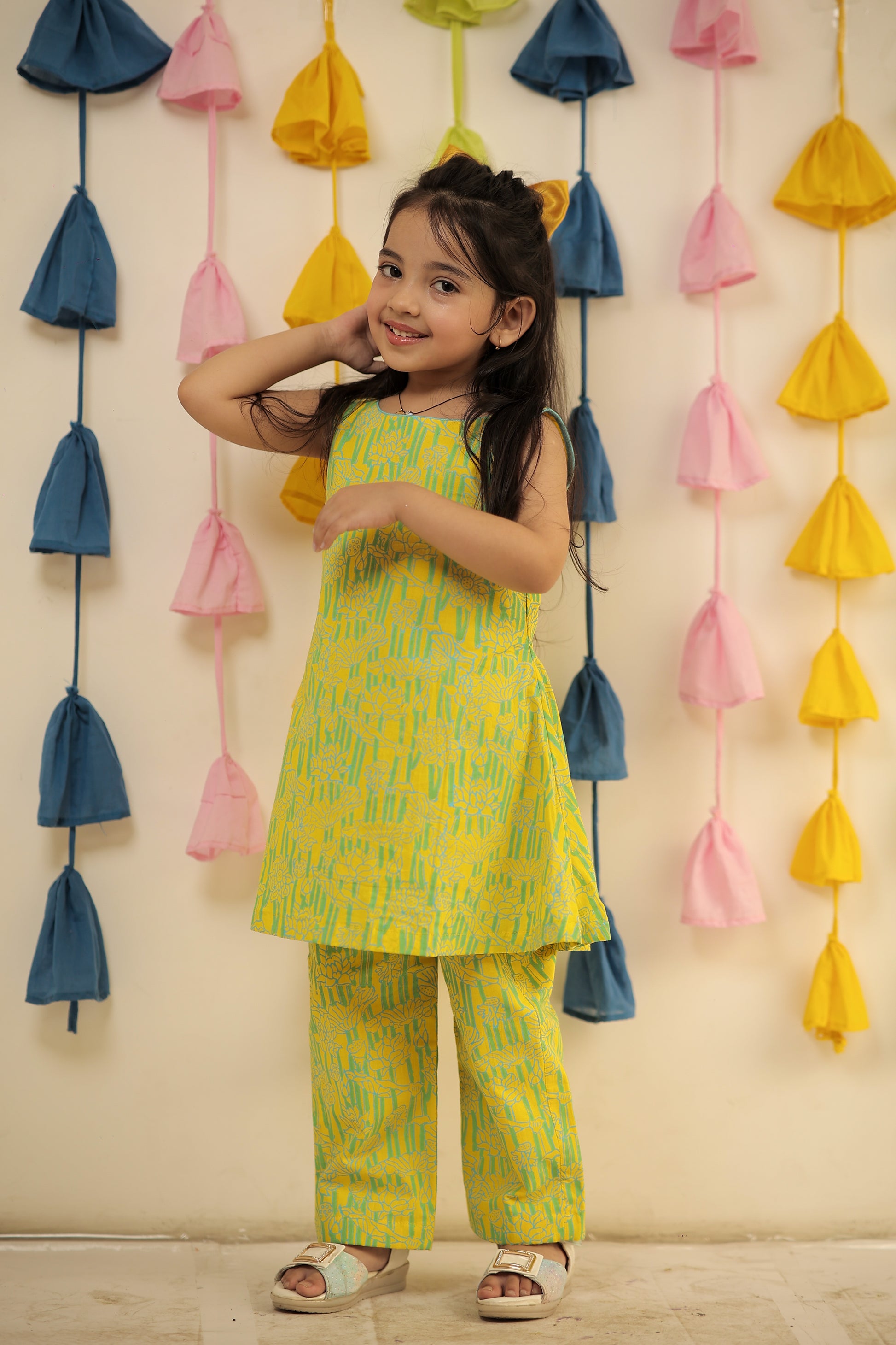 Lemon yellow Block printed kurta set with pants.