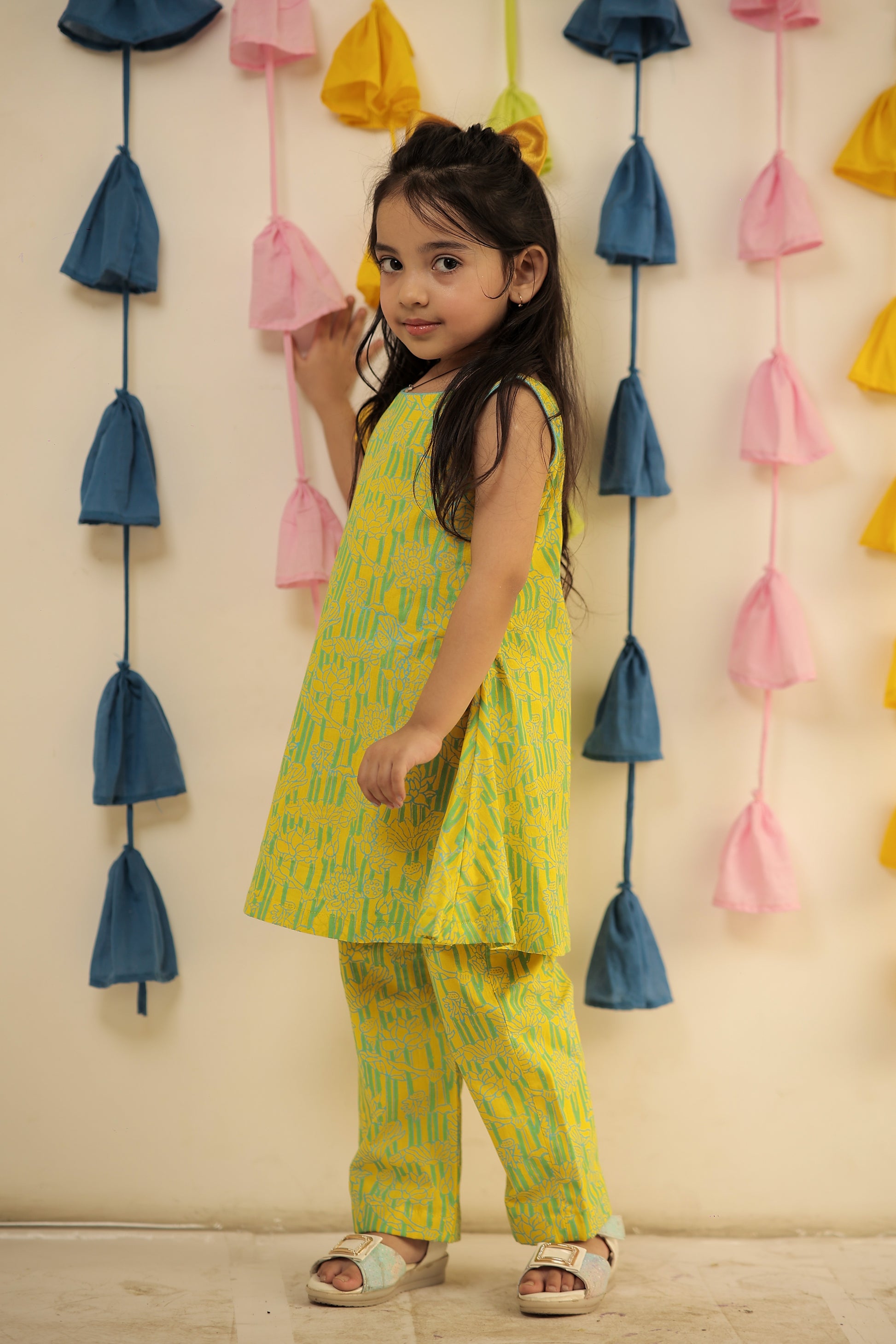 Lemon yellow Block printed kurta set with pants.