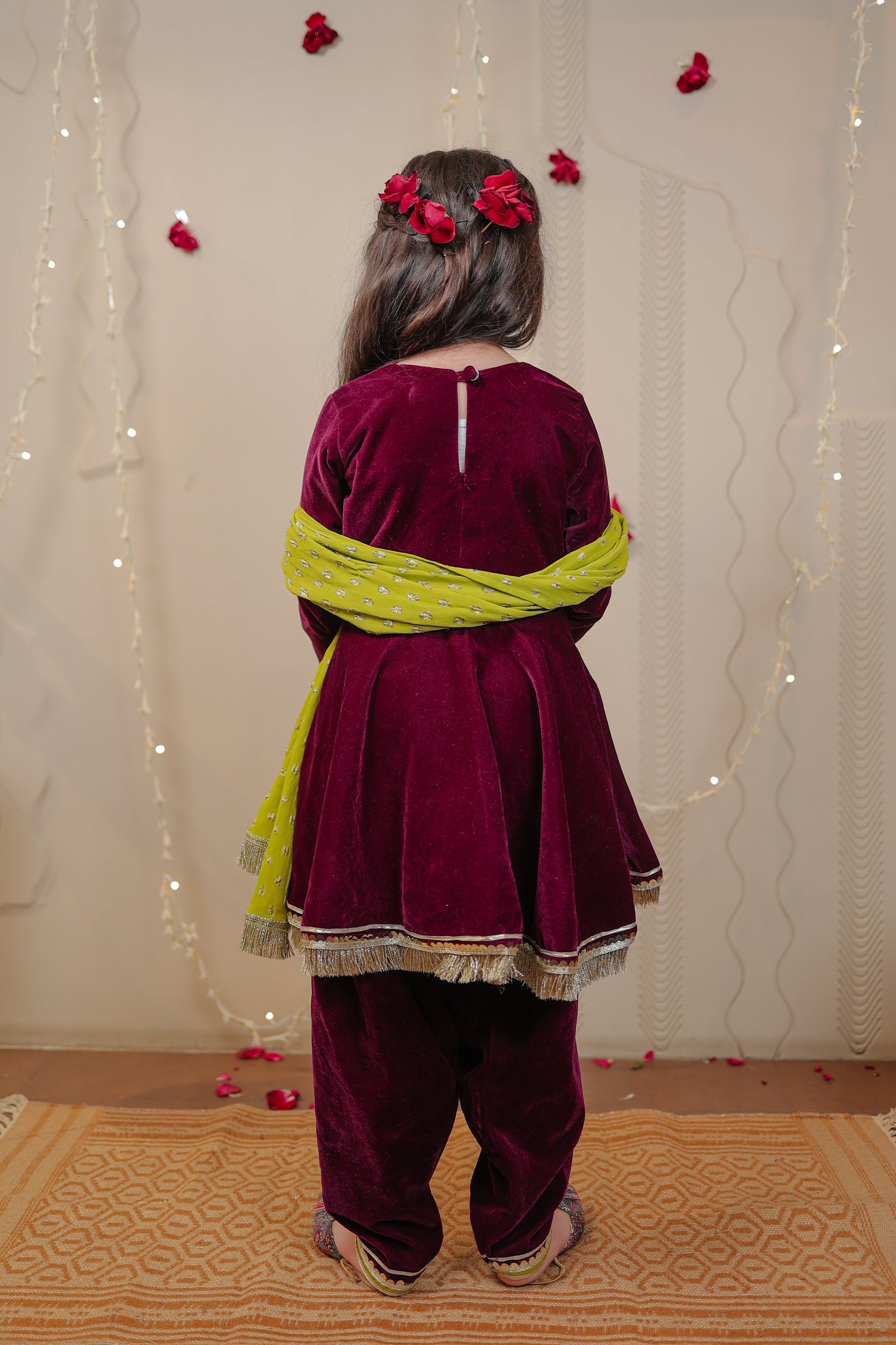Wine velvet kurta set with dupatta