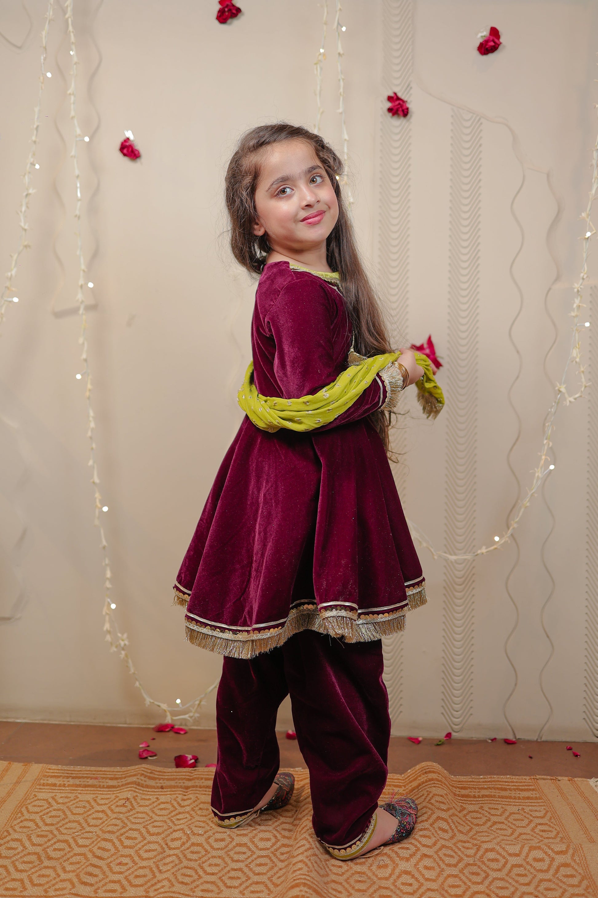 Wine velvet kurta set with dupatta