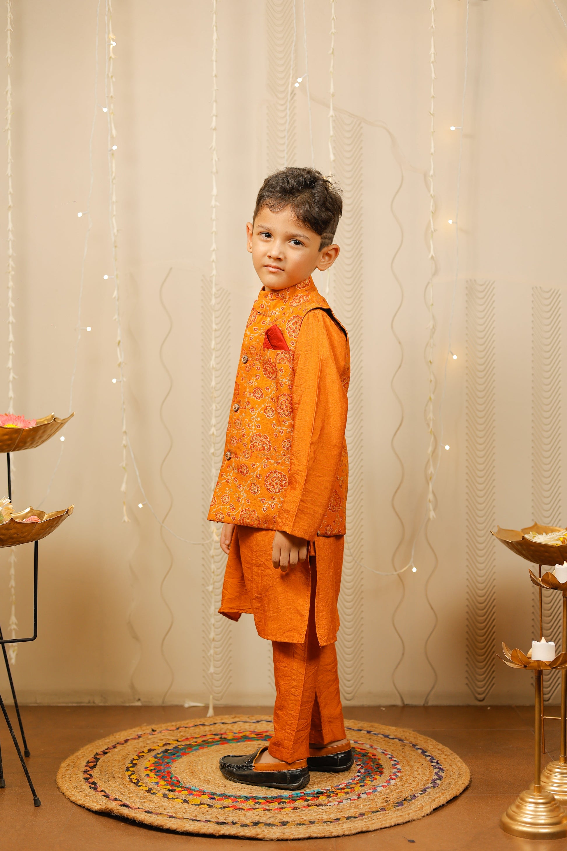 Mustard kurta set with floral jacket