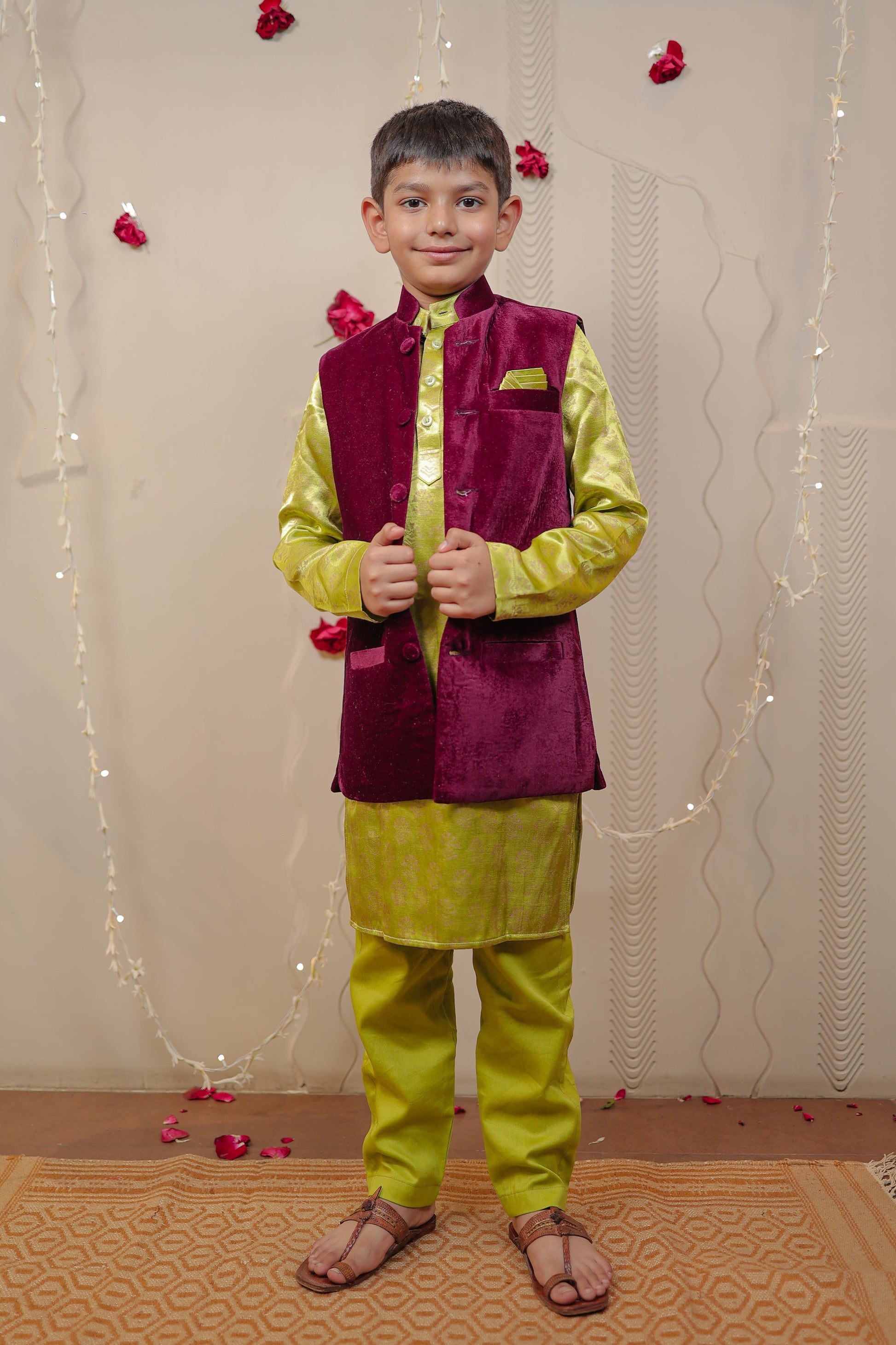 Kurta set with wine velvet jacket