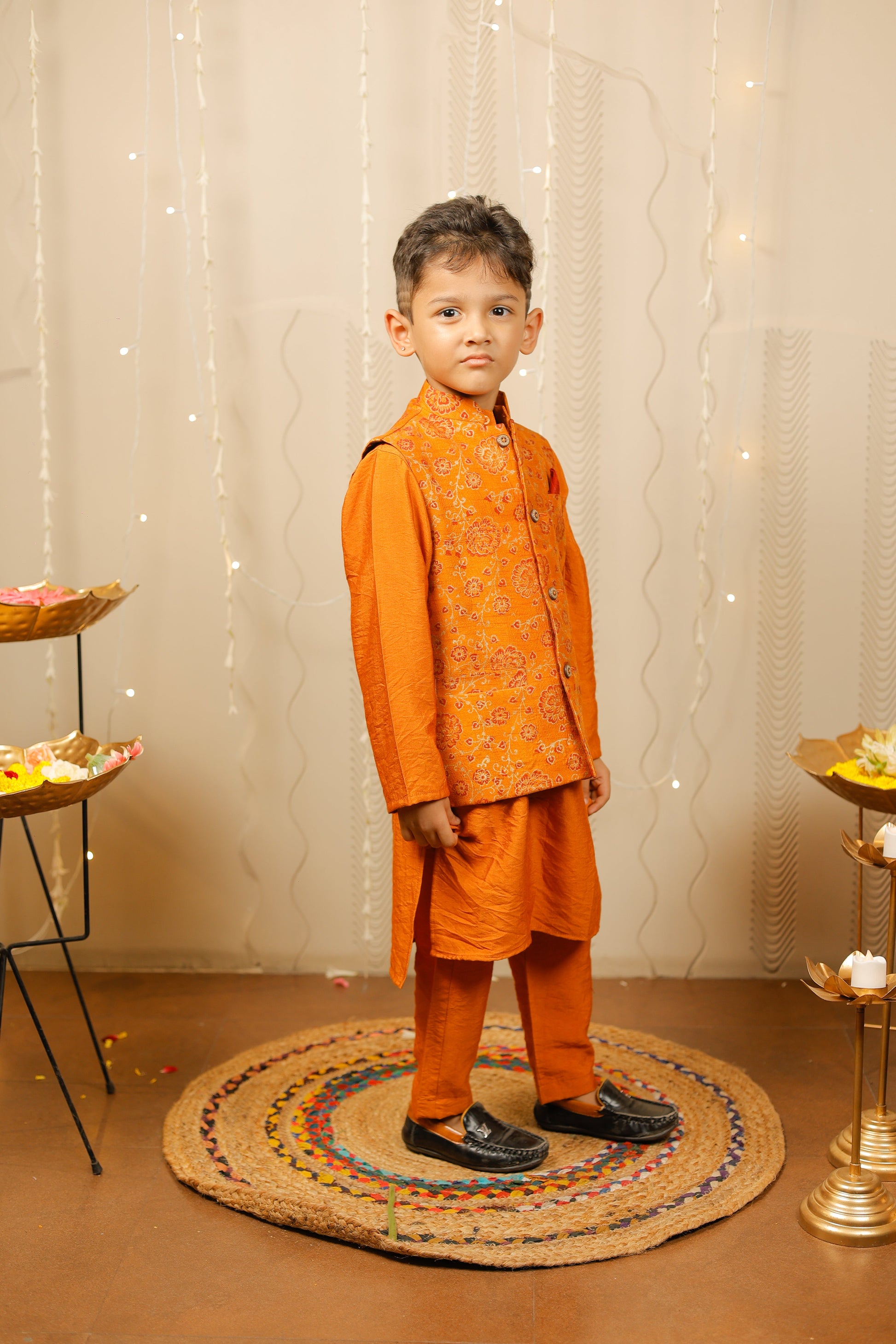 Mustard kurta set with floral jacket