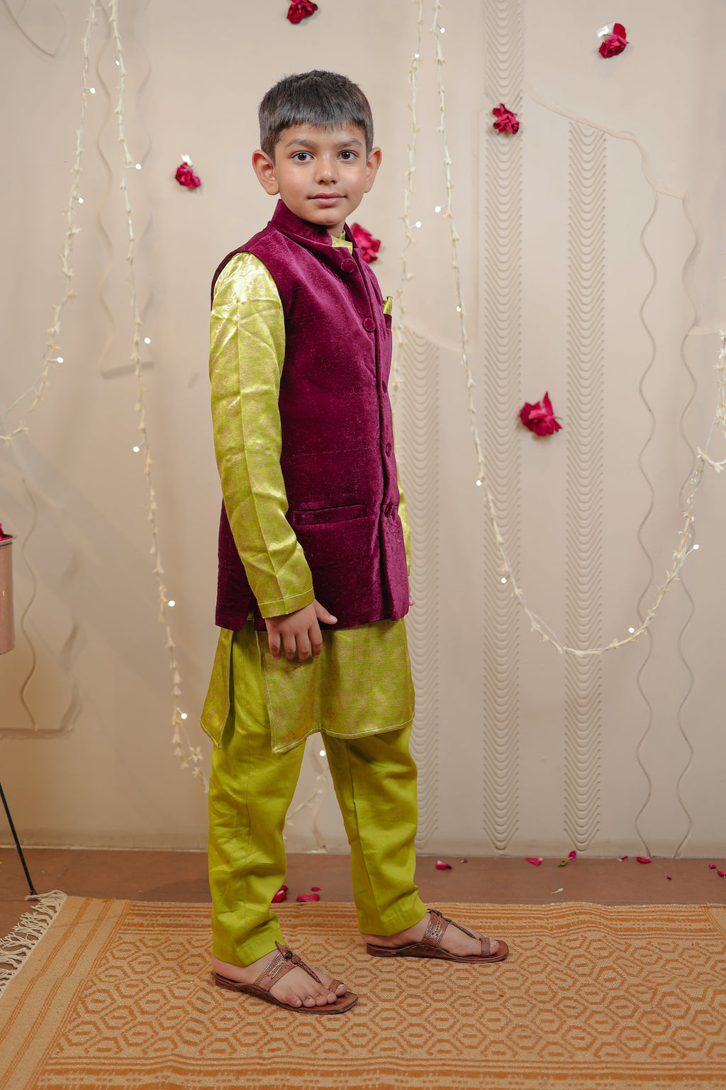 Kurta set with wine velvet jacket