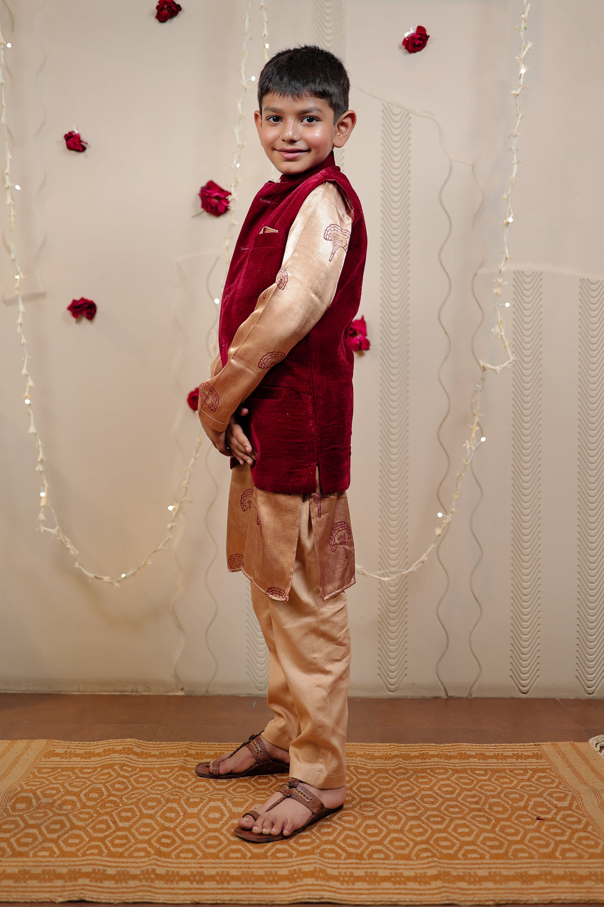 Kurta set with maroon velvet jacket