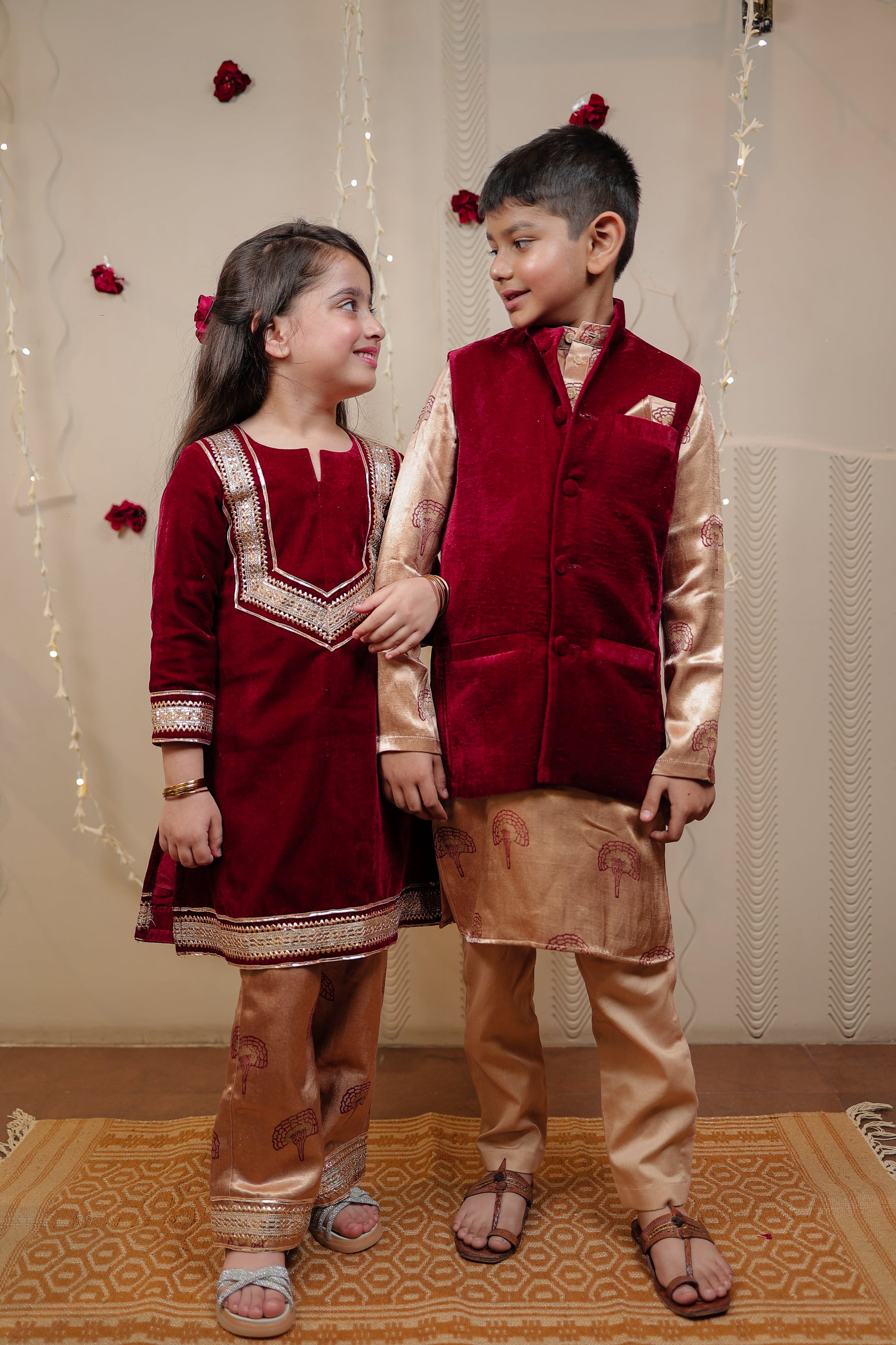 Kurta set with maroon velvet jacket