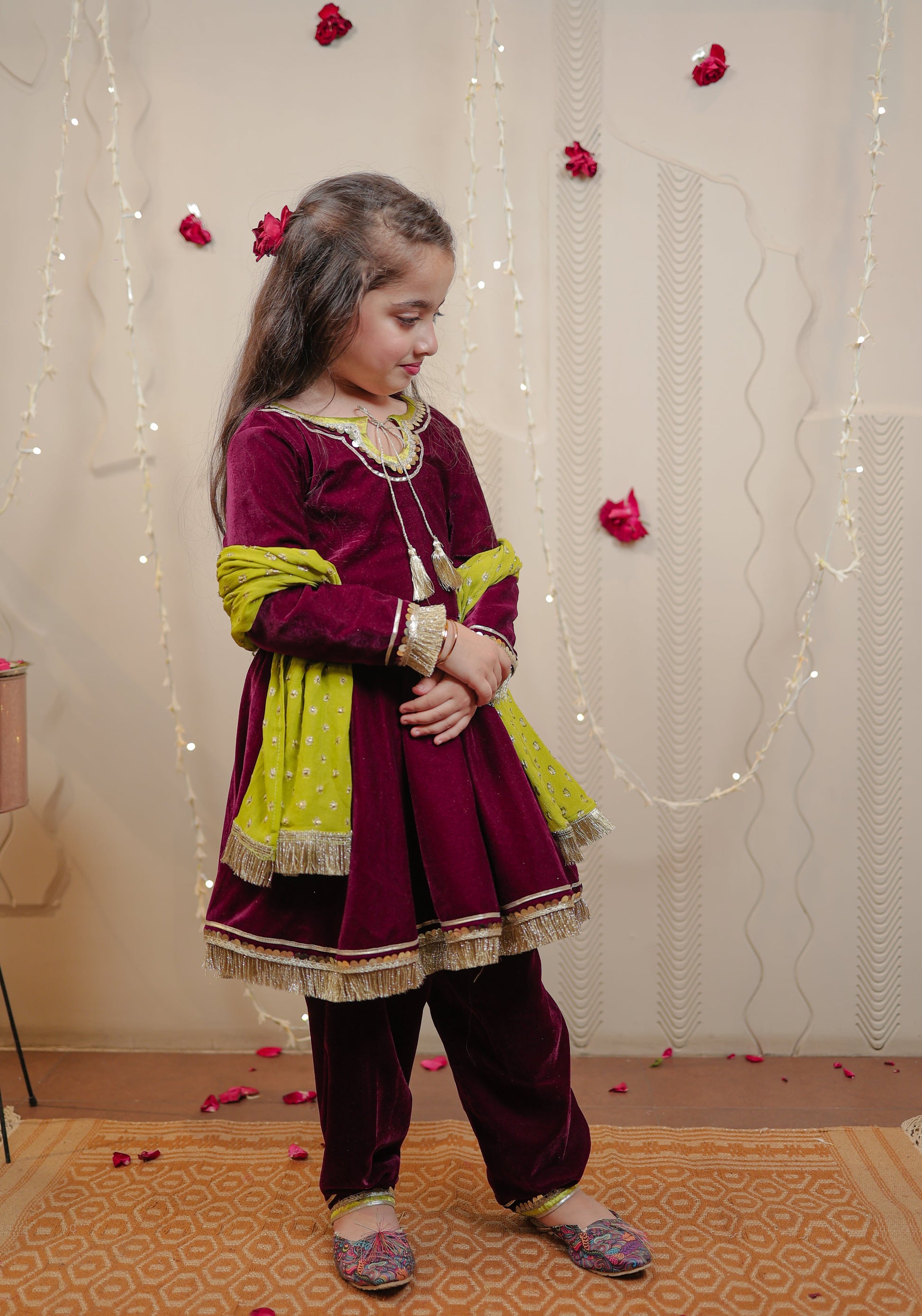 Wine velvet kurta set with dupatta