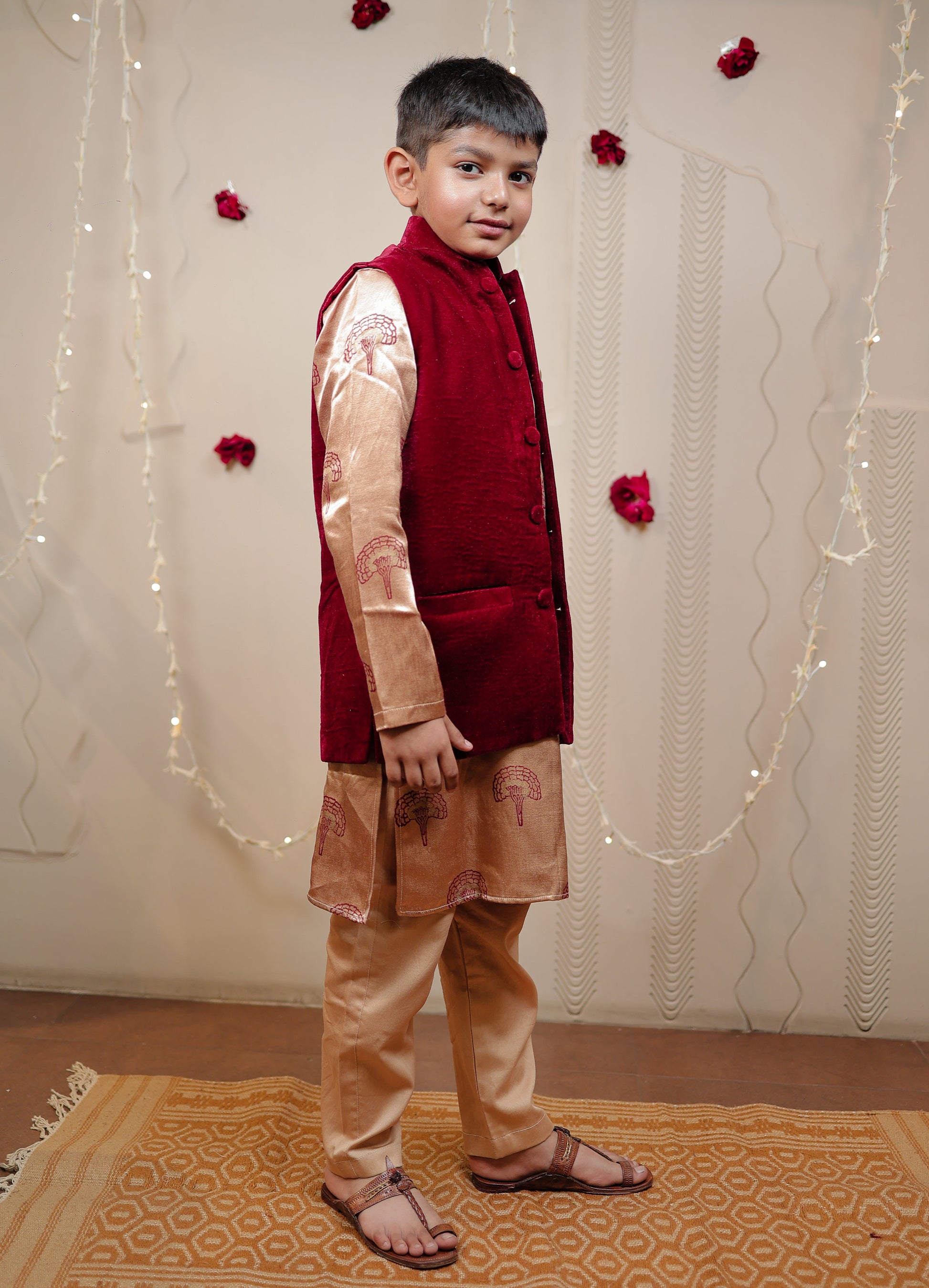 Kurta set with maroon velvet jacket