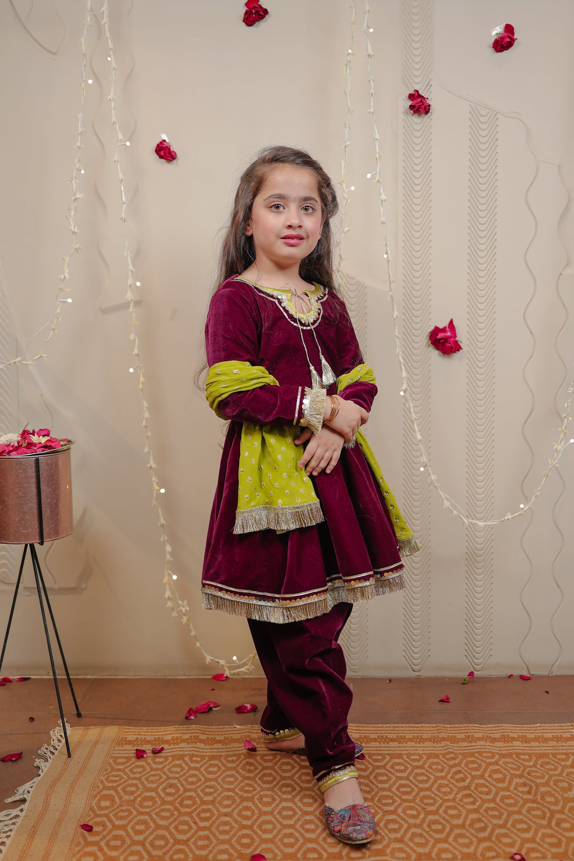 Wine velvet kurta set with dupatta
