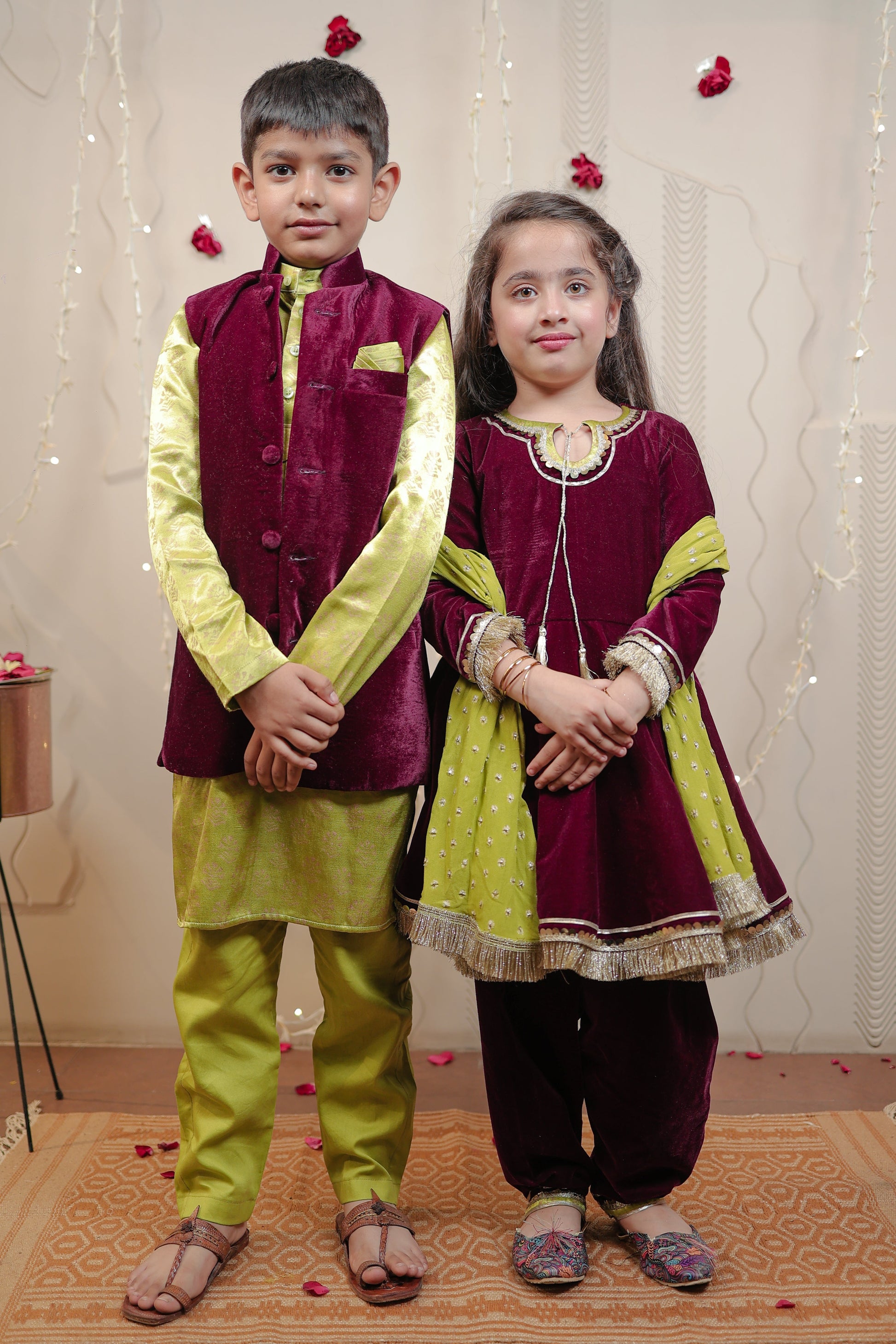 Kurta set with wine velvet jacket