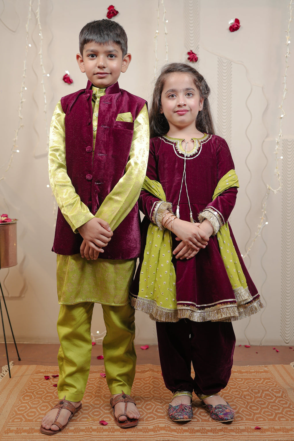 Kurta set with wine velvet jacket