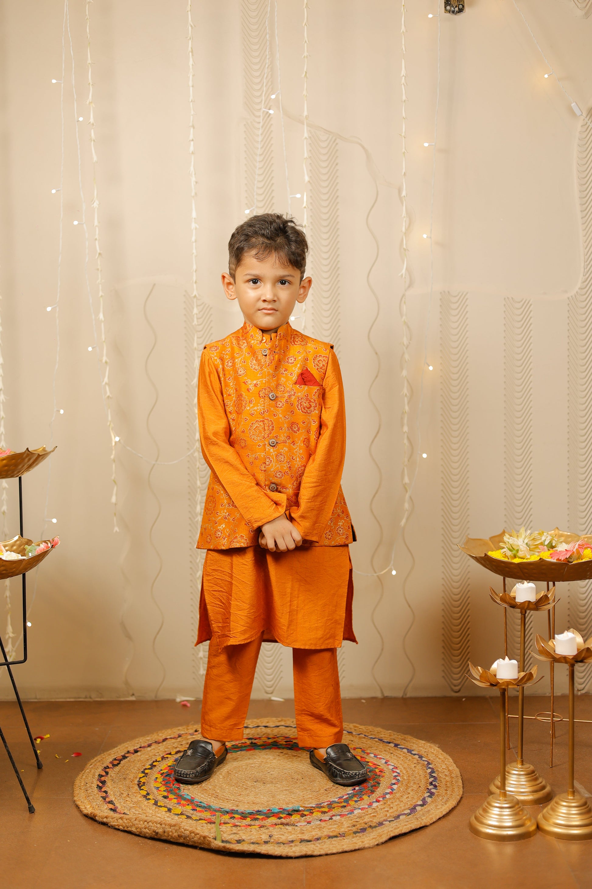 Mustard kurta set with floral jacket