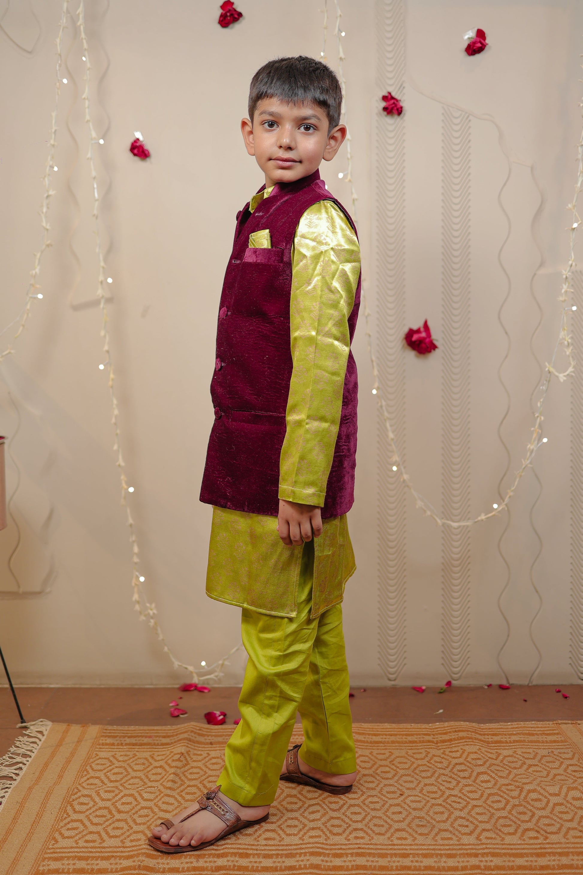 Kurta set with wine velvet jacket