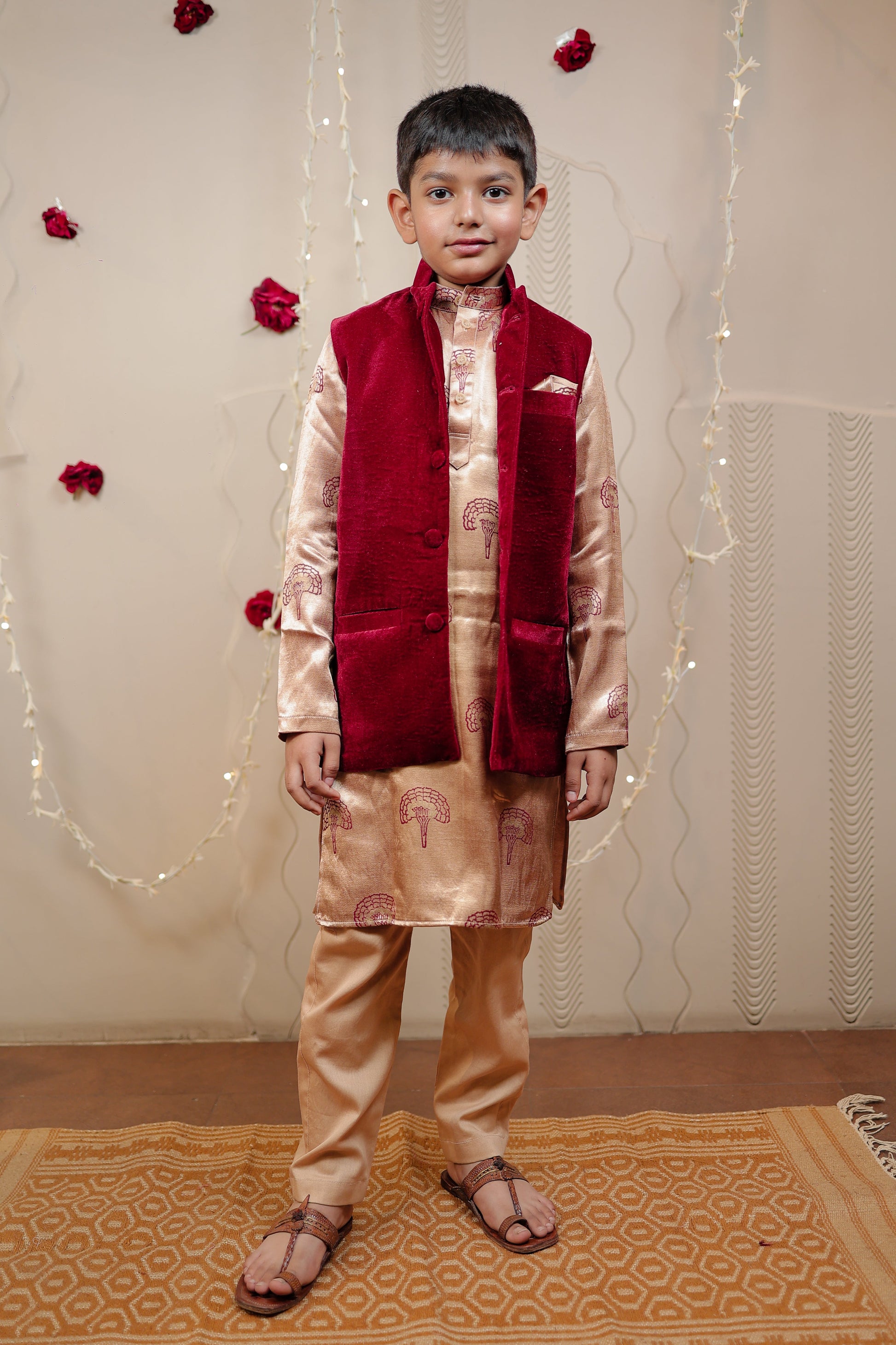 Kurta set with maroon velvet jacket