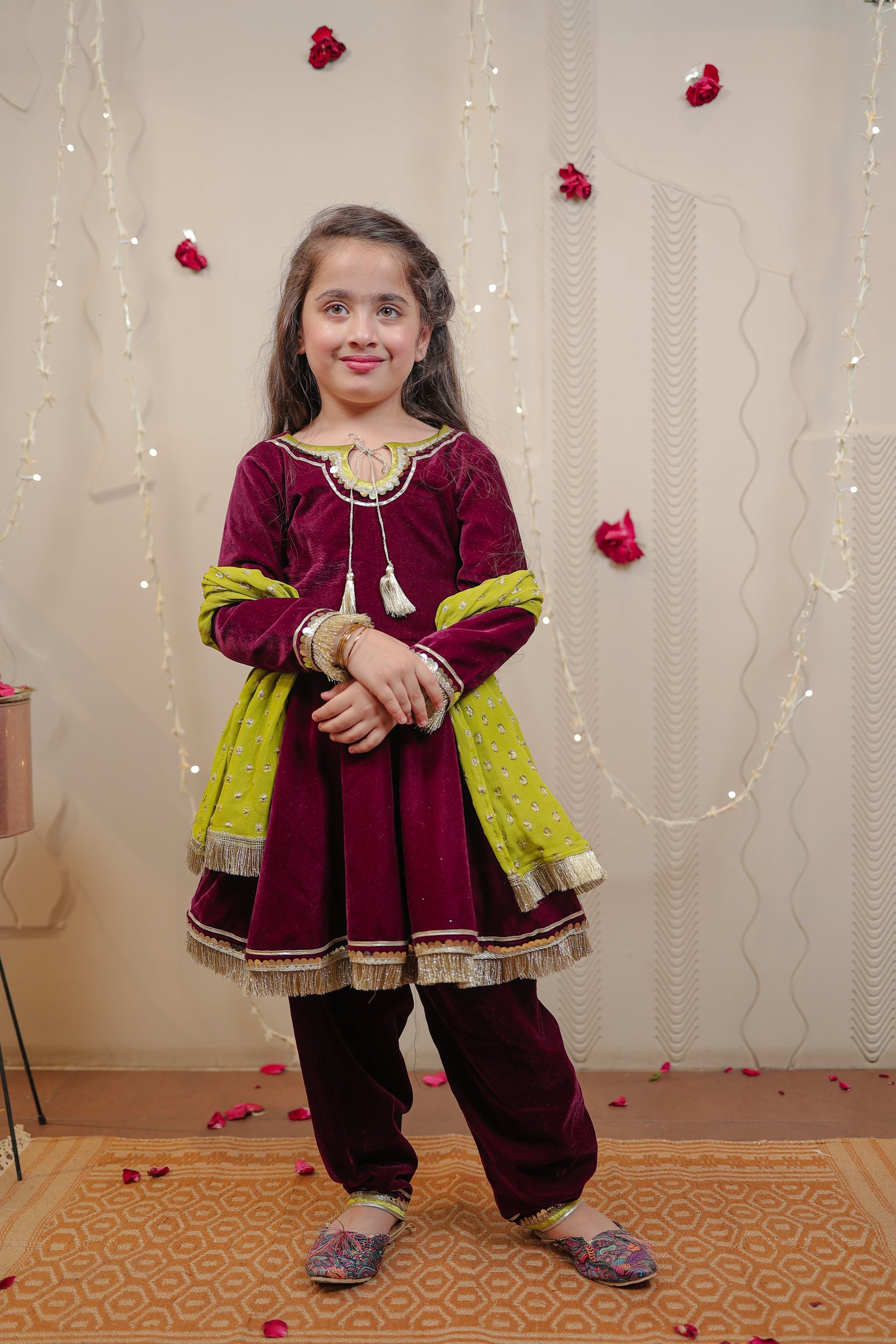 Wine velvet kurta set with dupatta