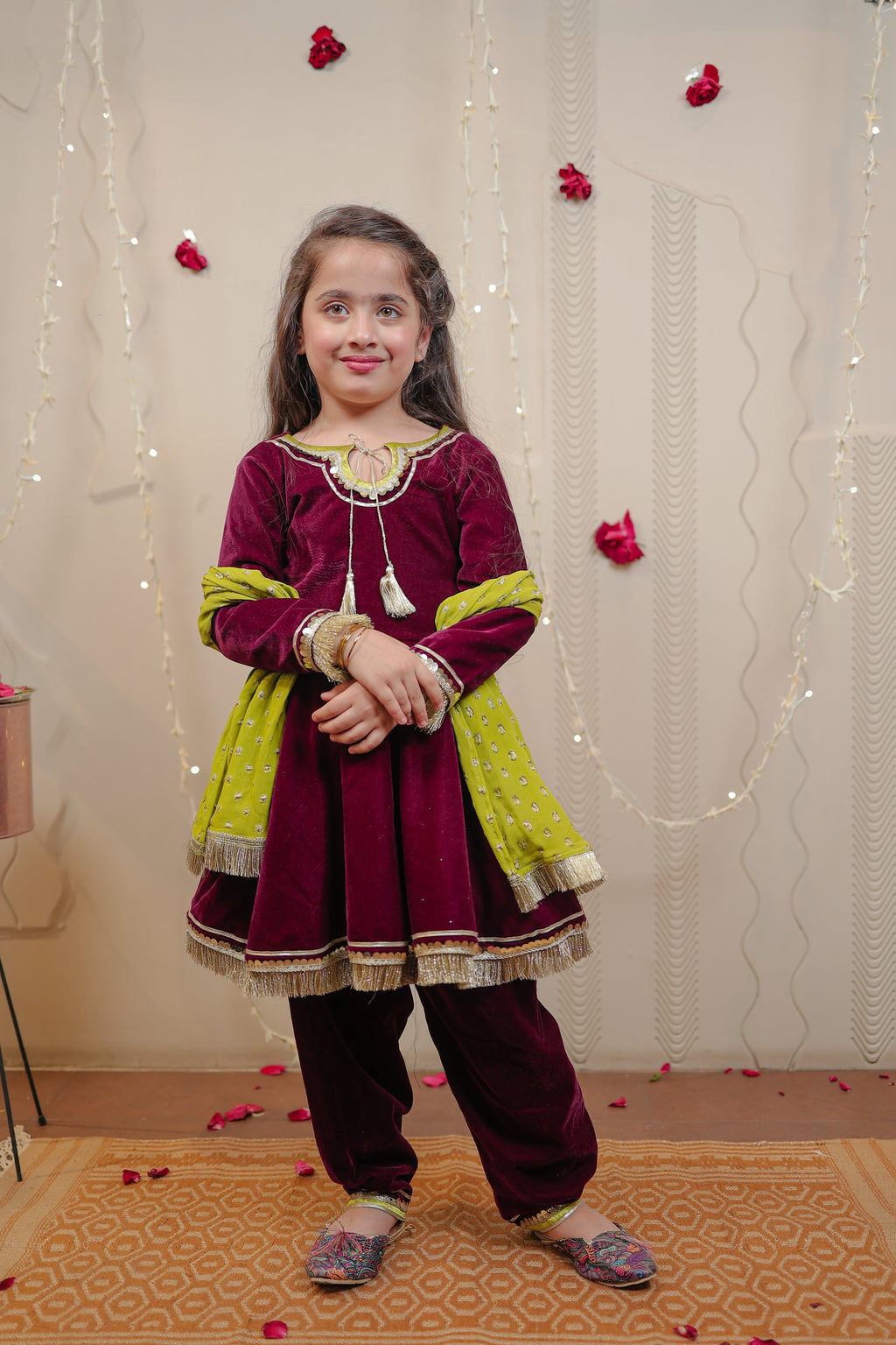 Wine velvet kurta set with dupatta