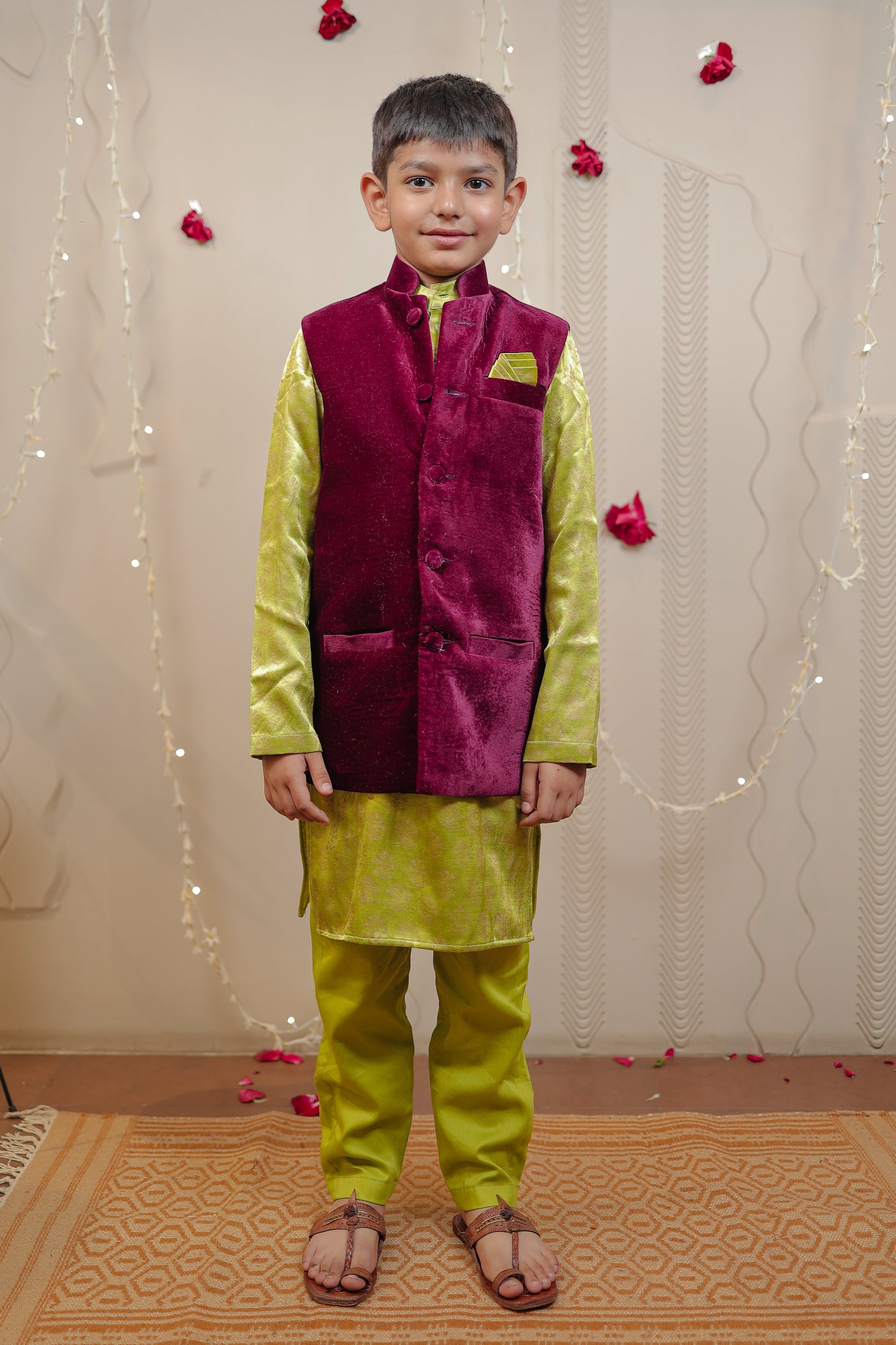 Kurta set with wine velvet jacket