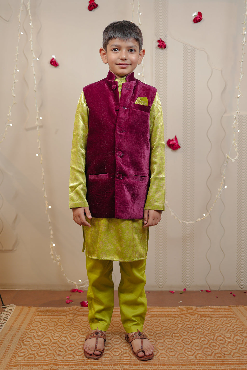 Kurta set with wine velvet jacket