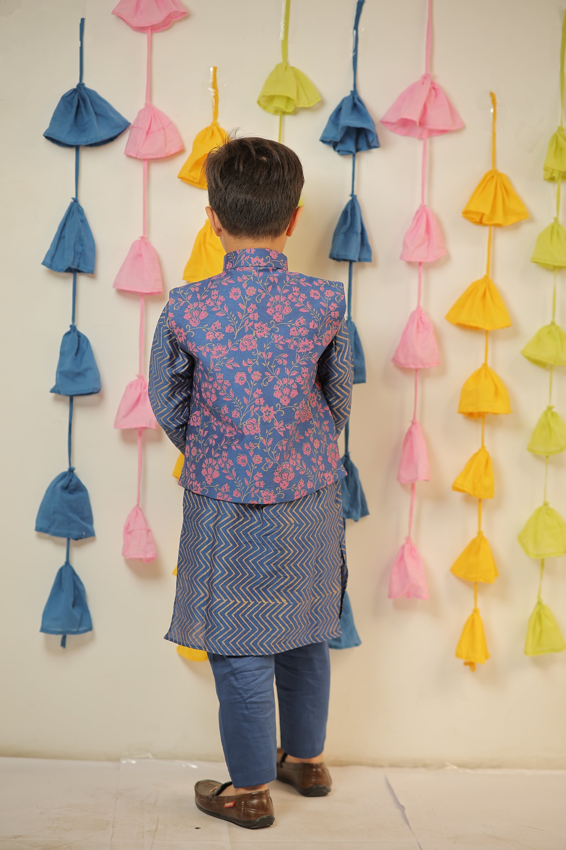Blue block printed kurta set with jacket