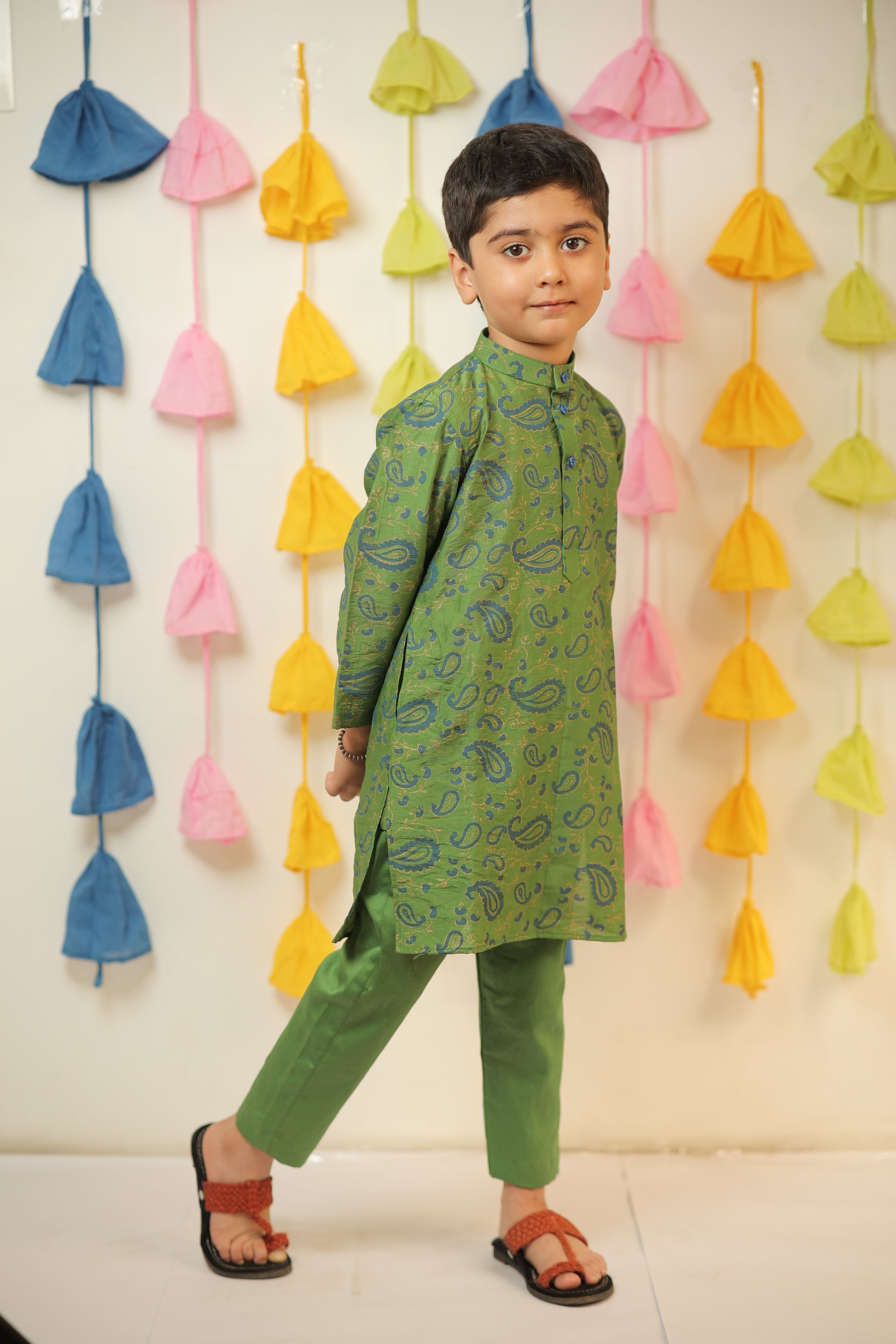 Green block printed kurta set.