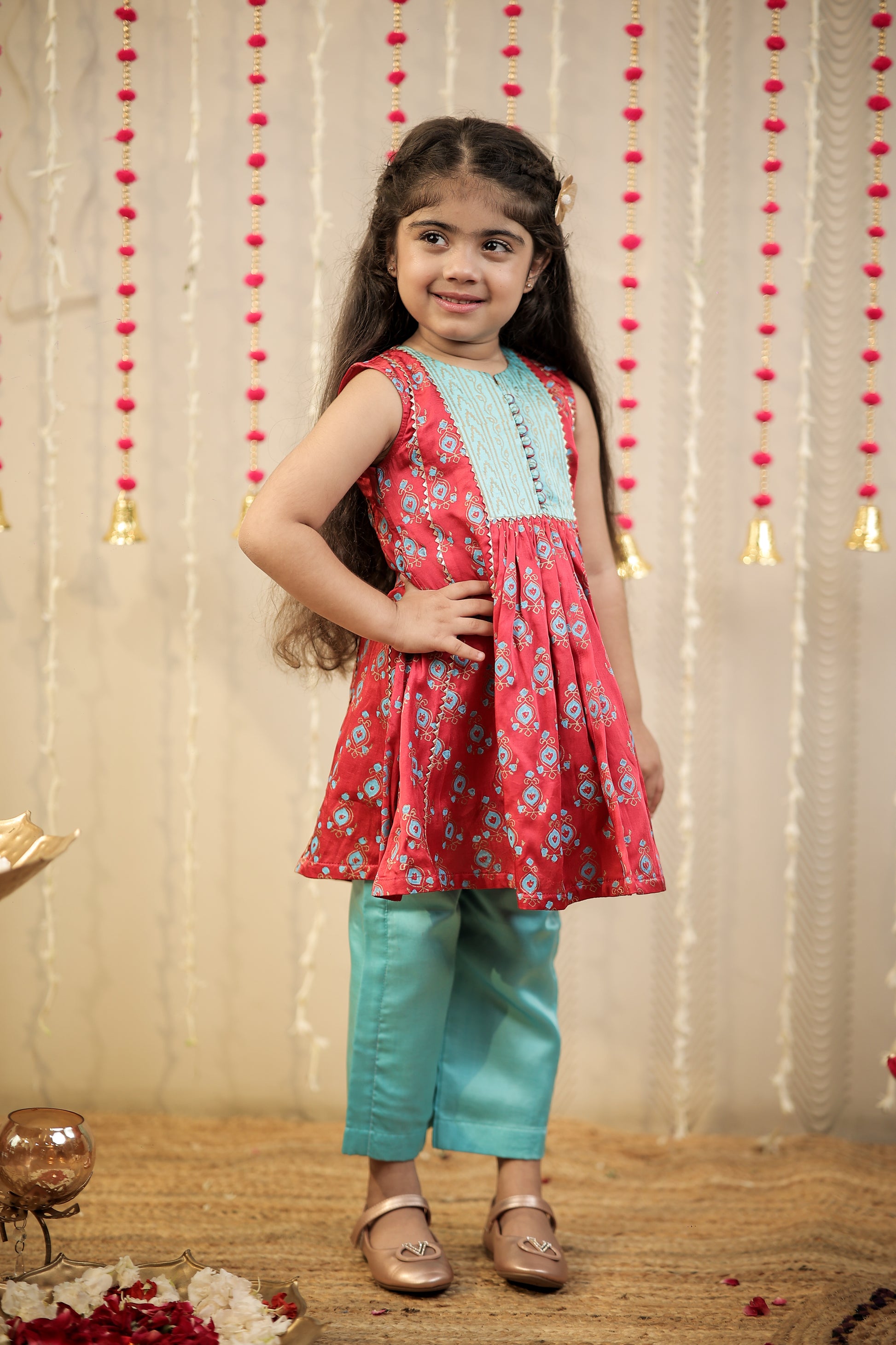 Pink block printed kurta with pants