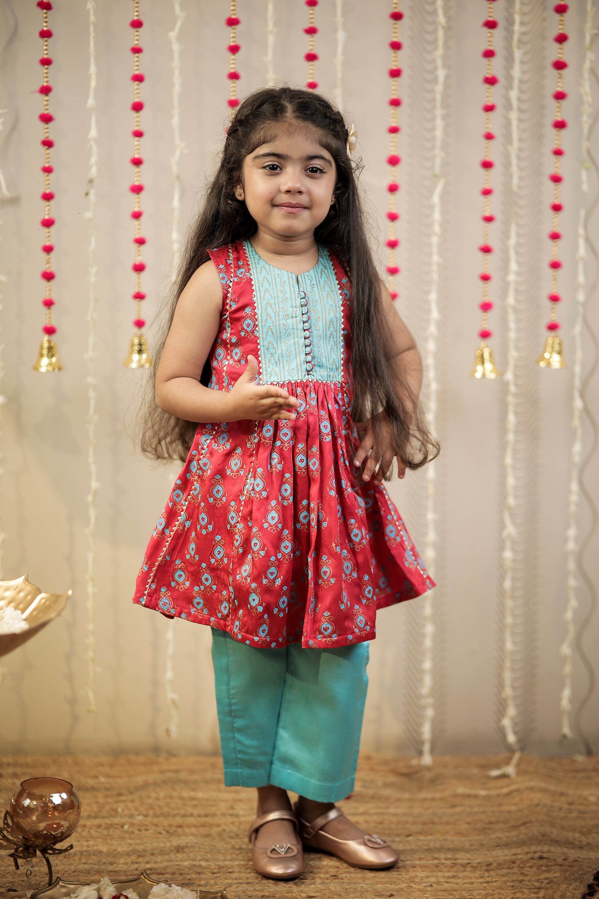 Pink block printed kurta with pants