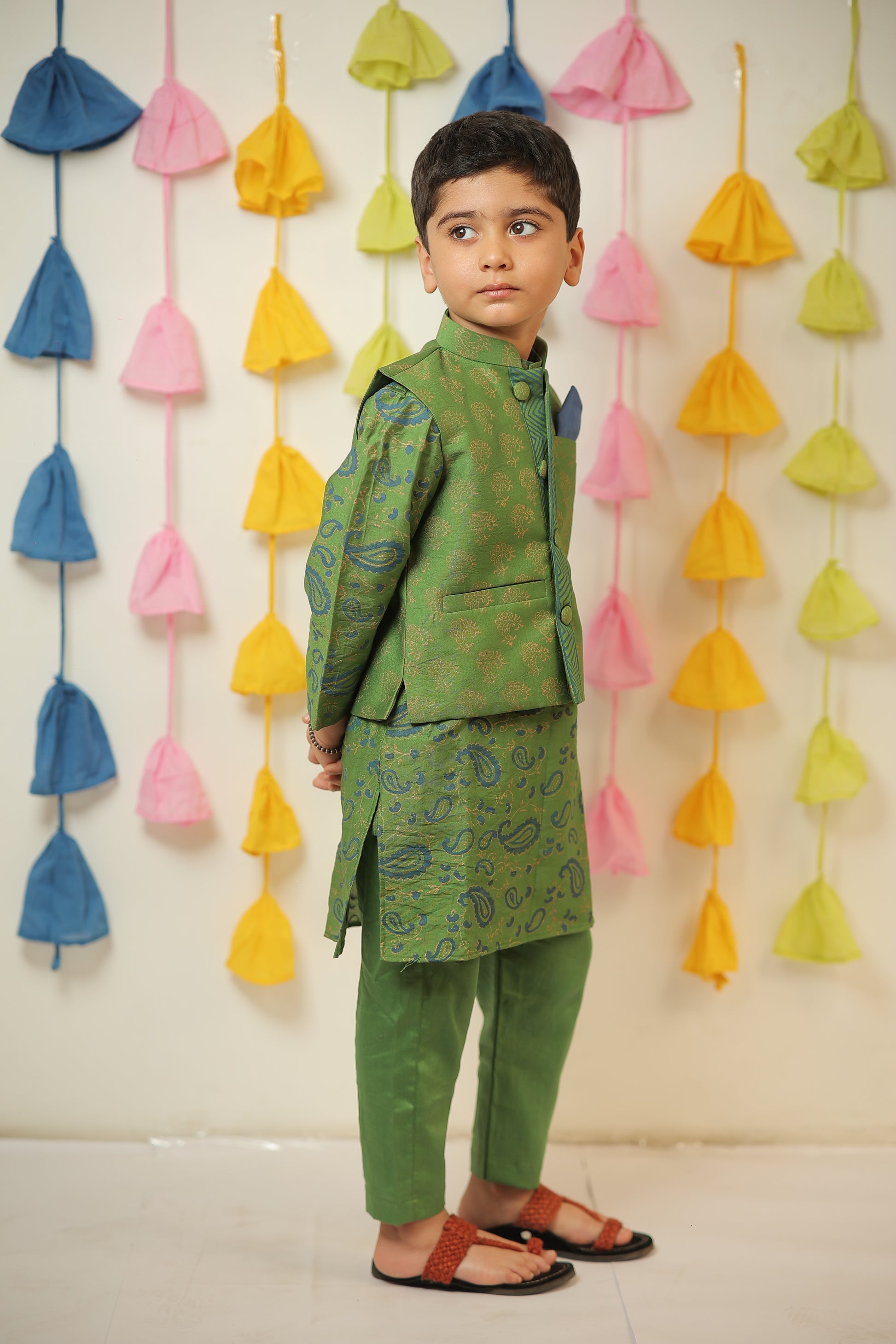 Green block printed kurta set with jacket