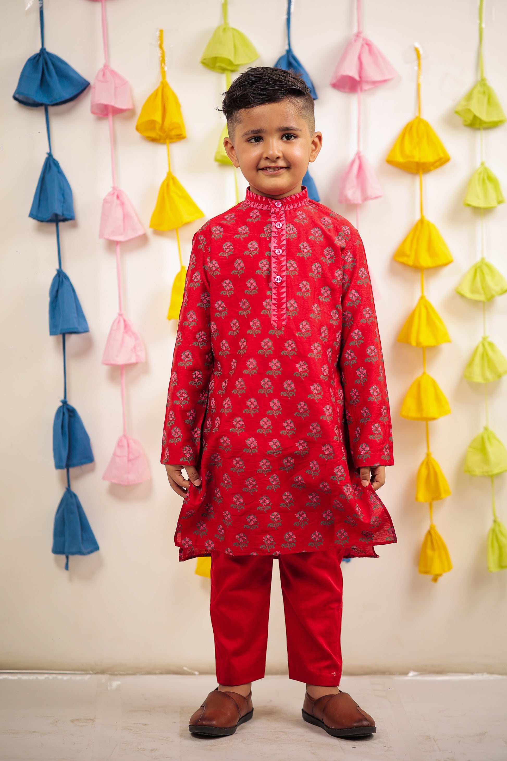 Red Block printed kurta set.