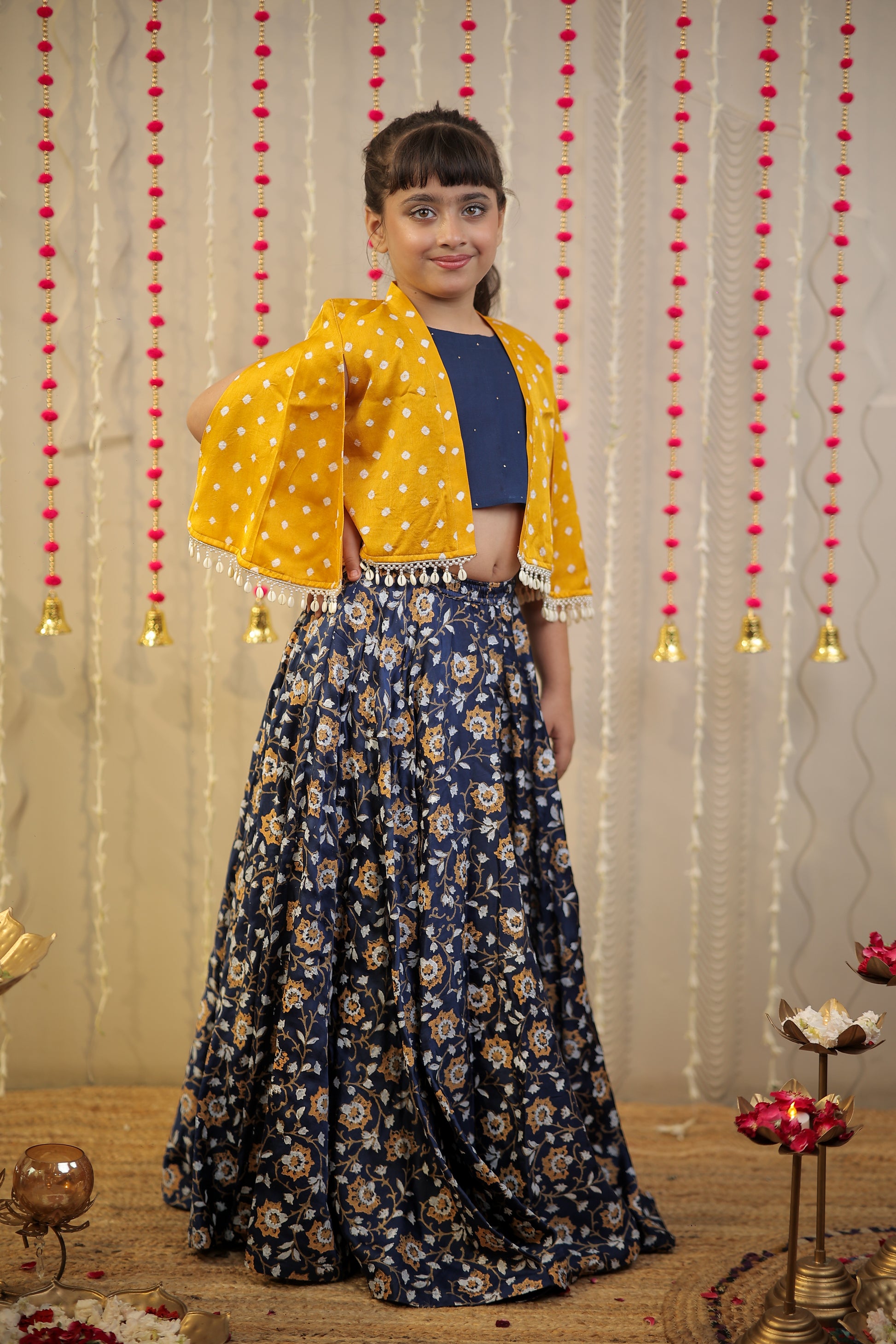 Ink Blue block printed skirt with blouse paired with shrug.