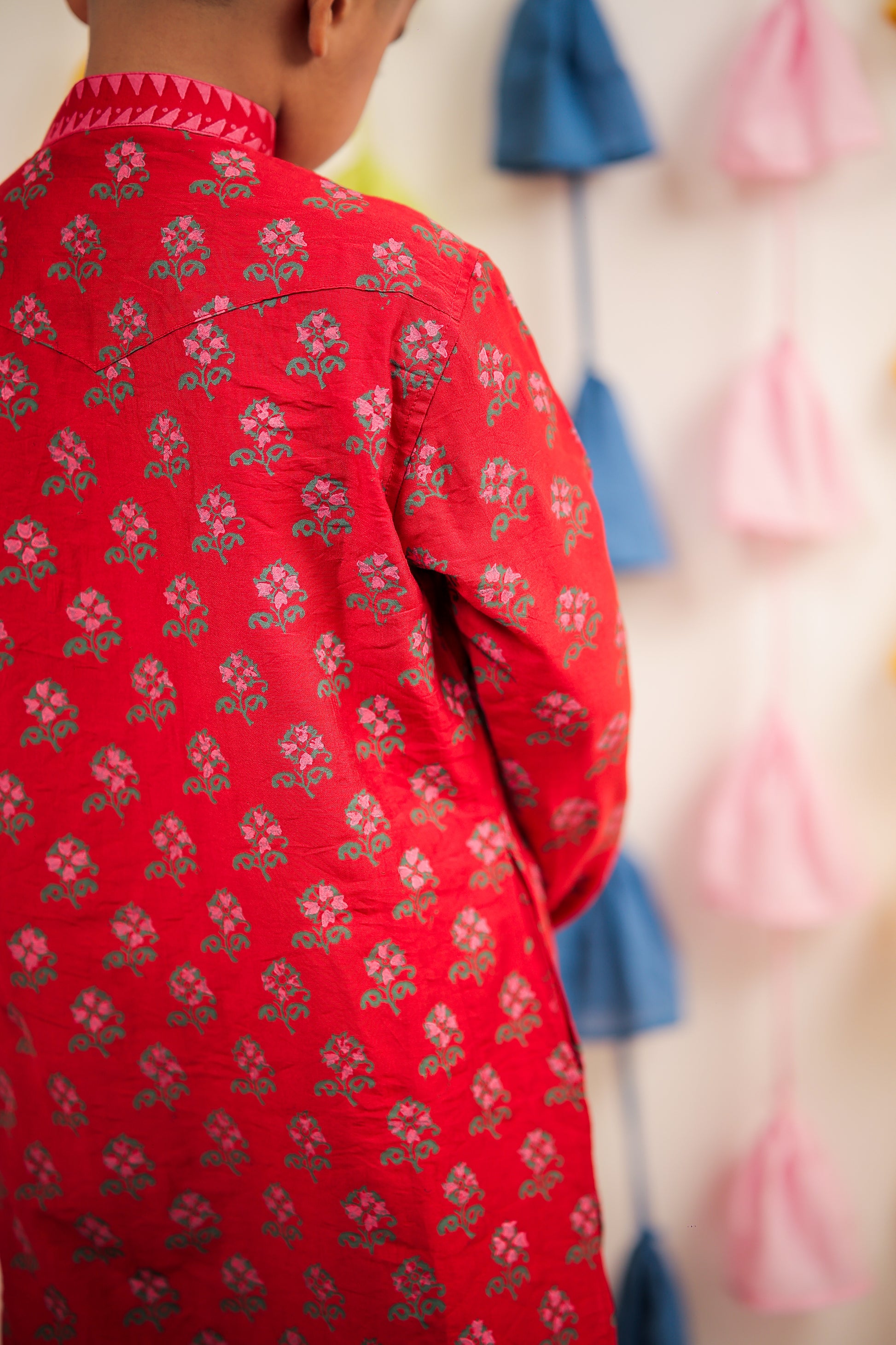 Red Block printed kurta set.