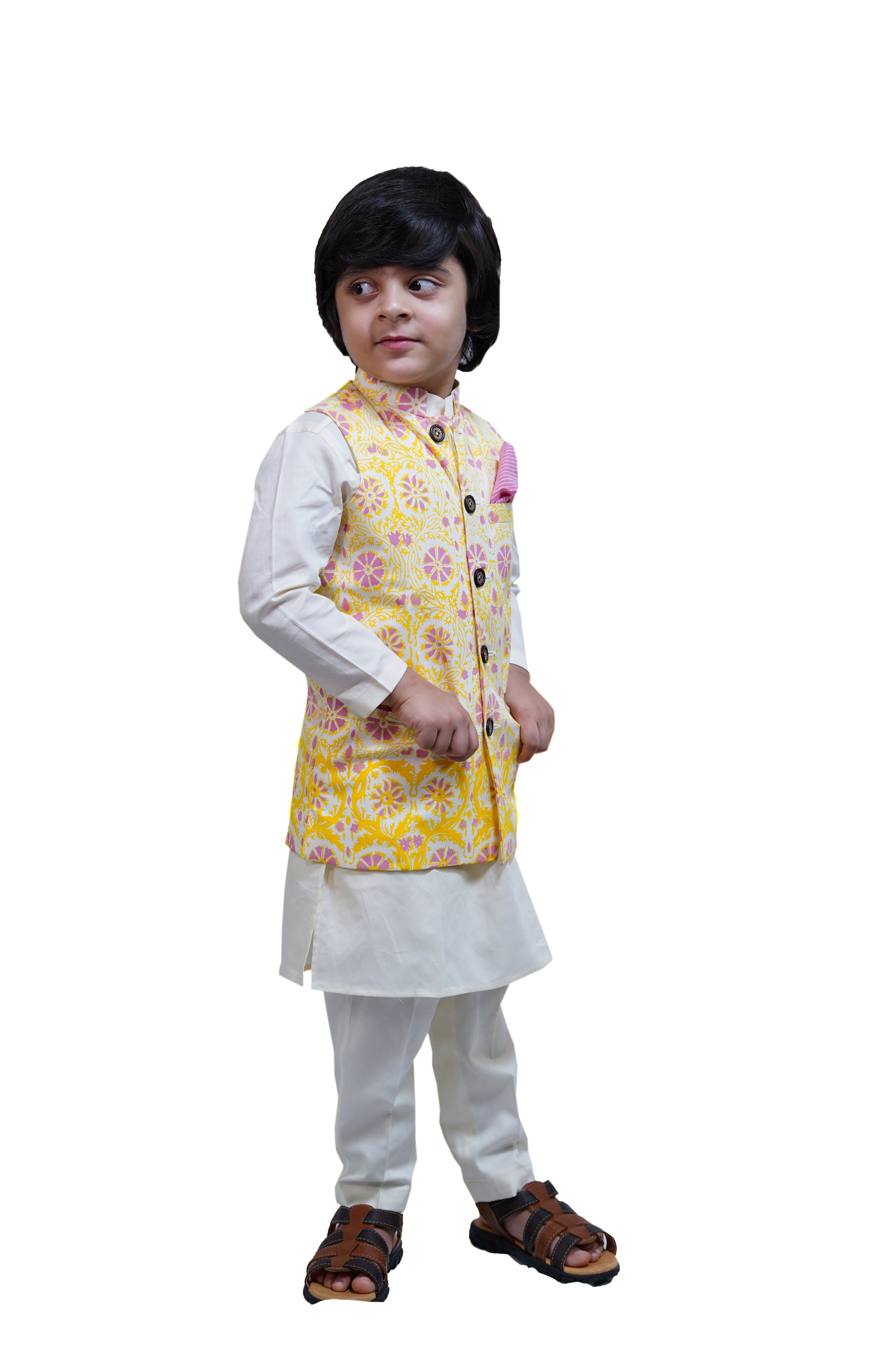 IVORY KURTA PAJAMA WITH PRINTED JACKET SET