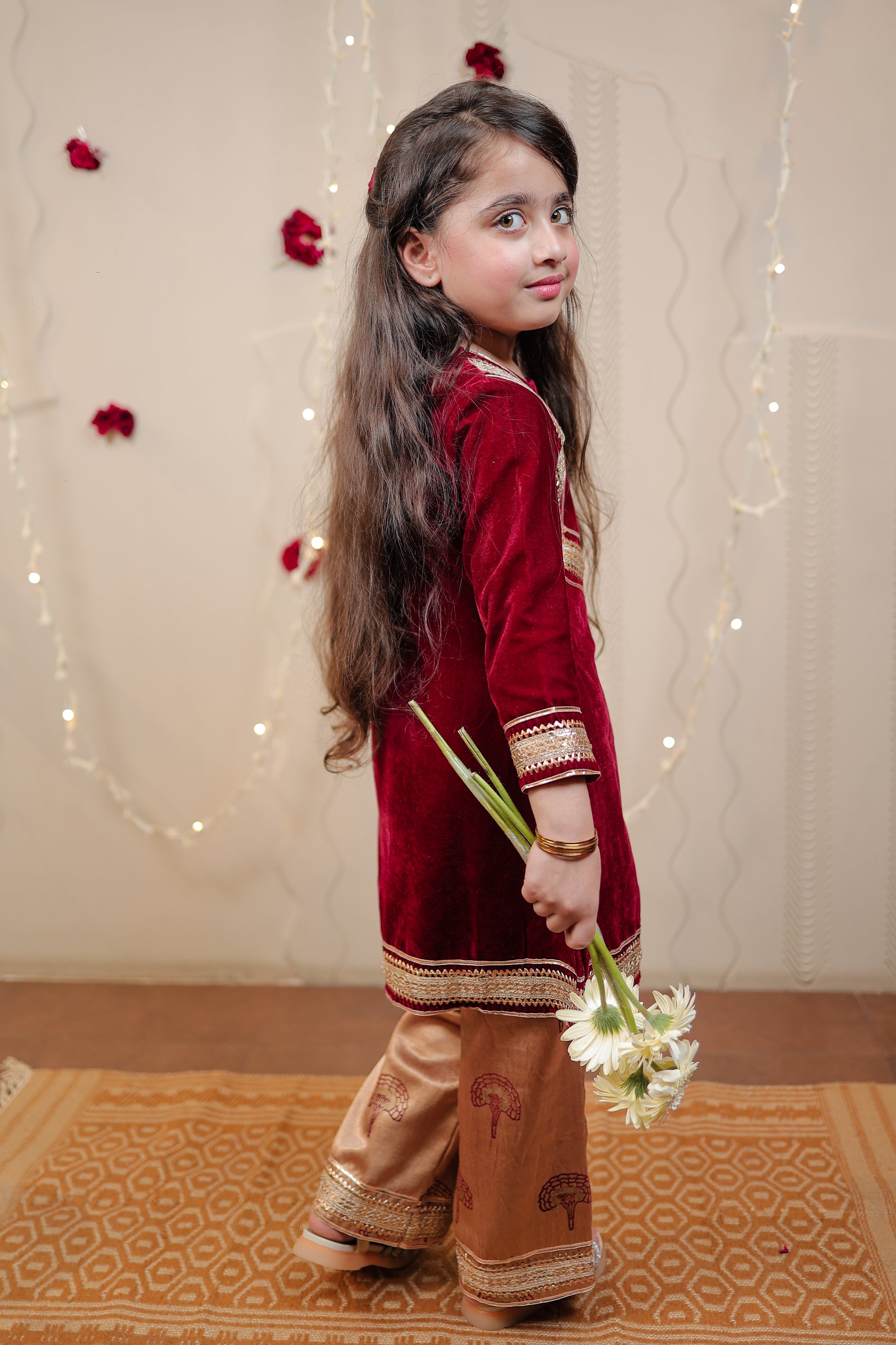 Maroon velvet kurta set