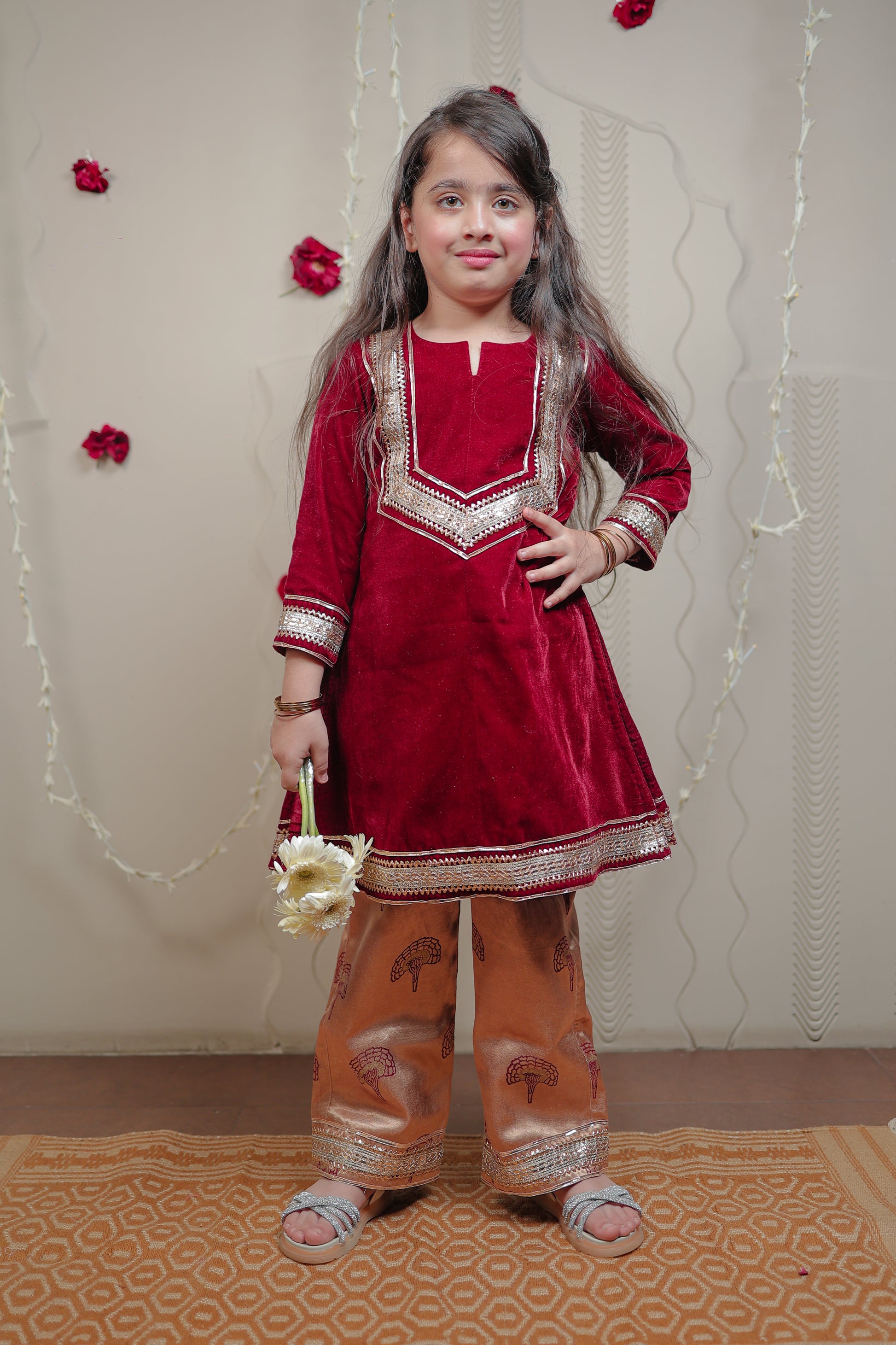 Maroon velvet kurta set