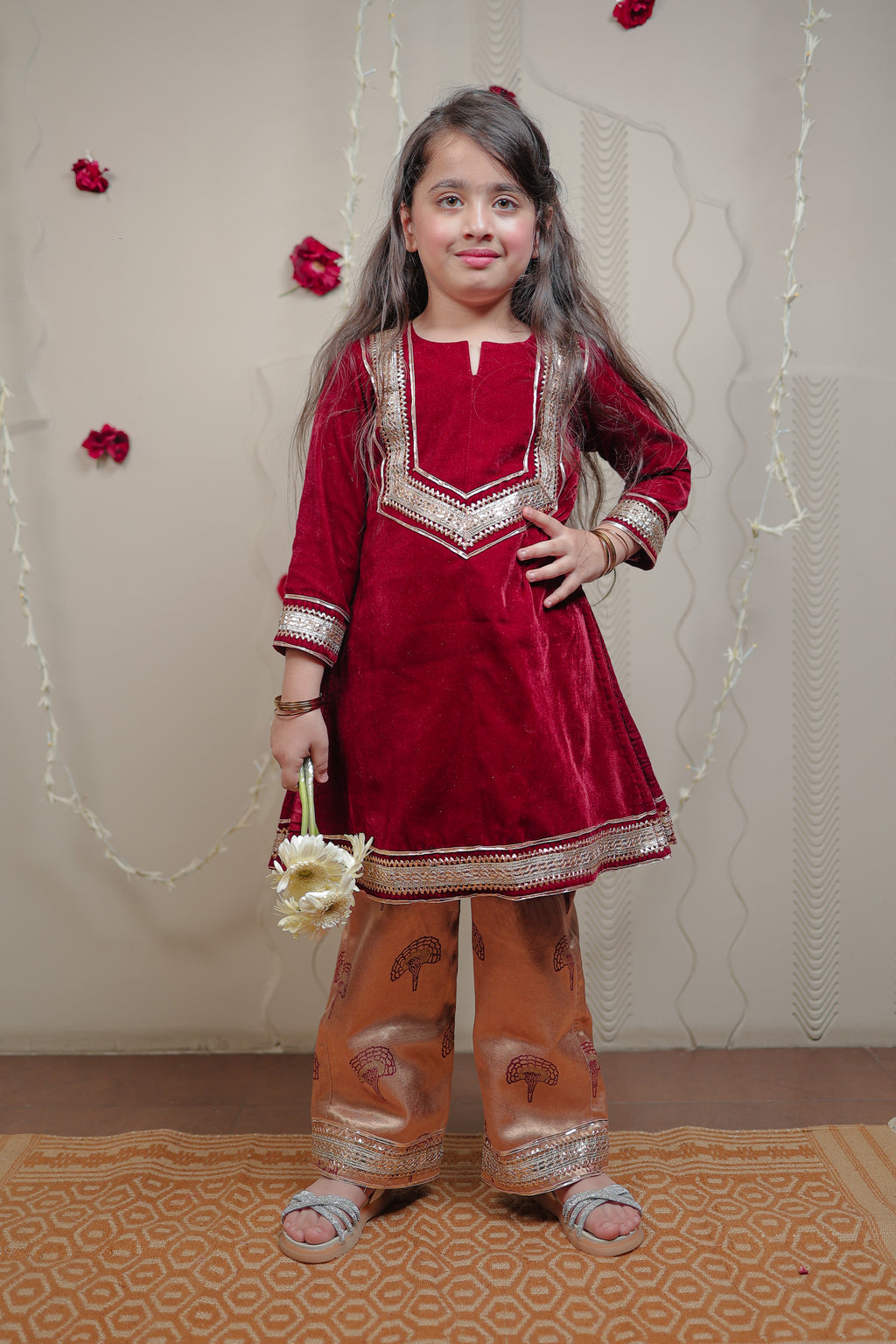 Maroon velvet kurta set